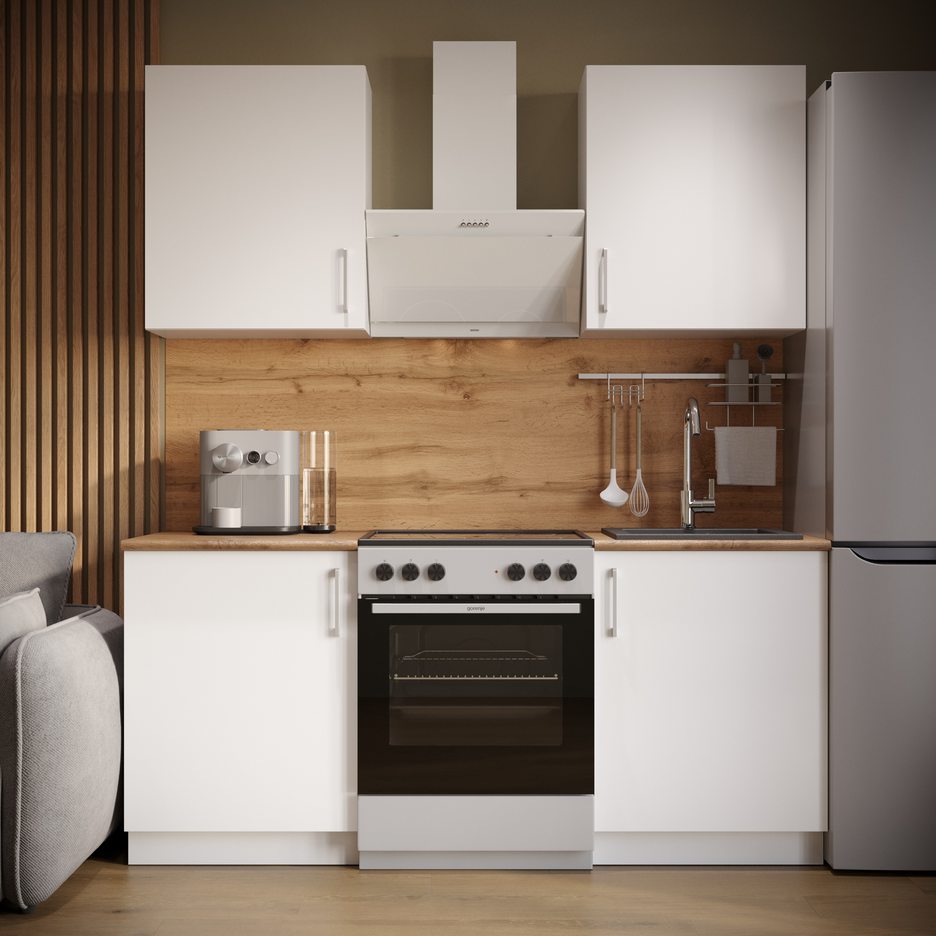 Кухонный гарнитур Domaci Болонья 180 см, фасад белый, ручка хром, столешница дуб вотан KUH-708296