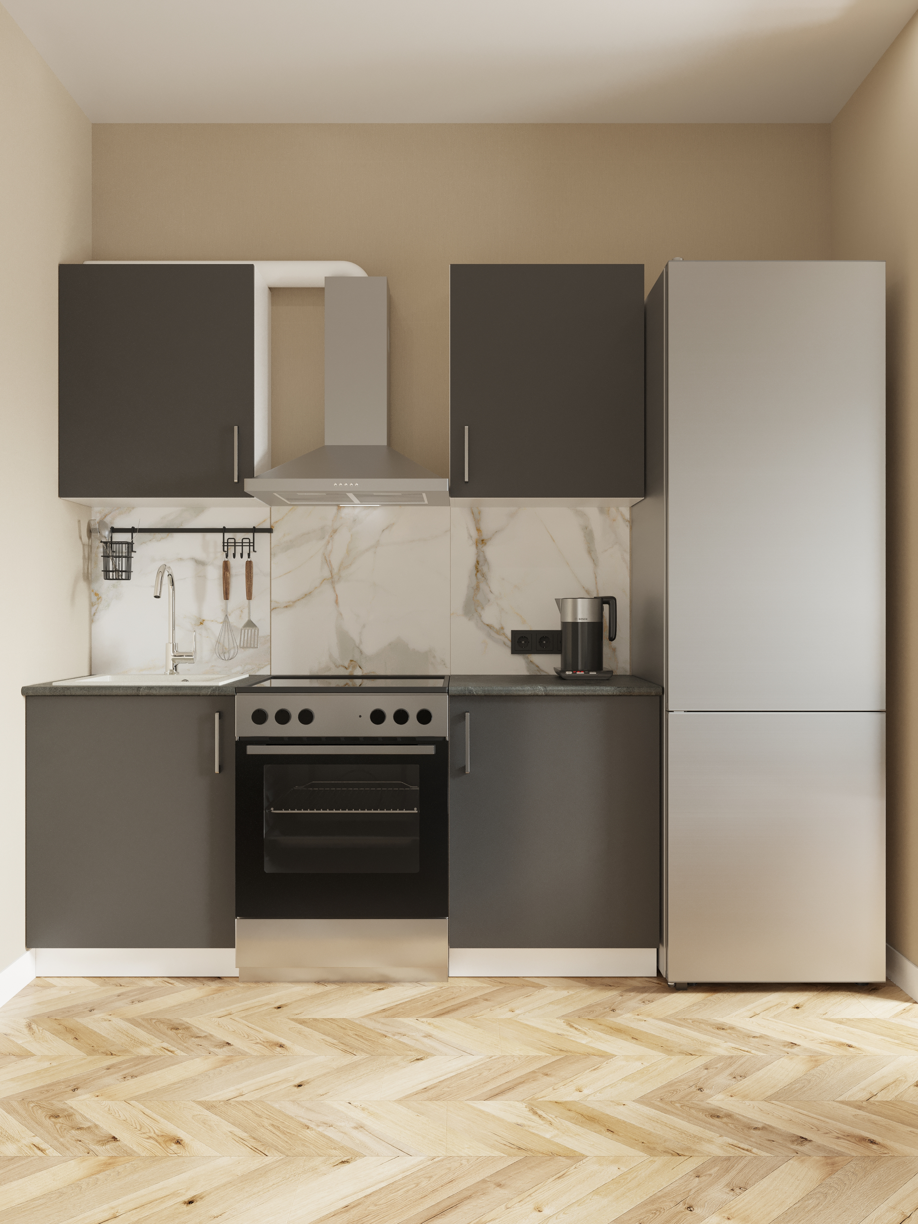 Кухонный гарнитур Domaci Болонья 180 см, фасад графит, ручка хром, столешница луна KUH-708299