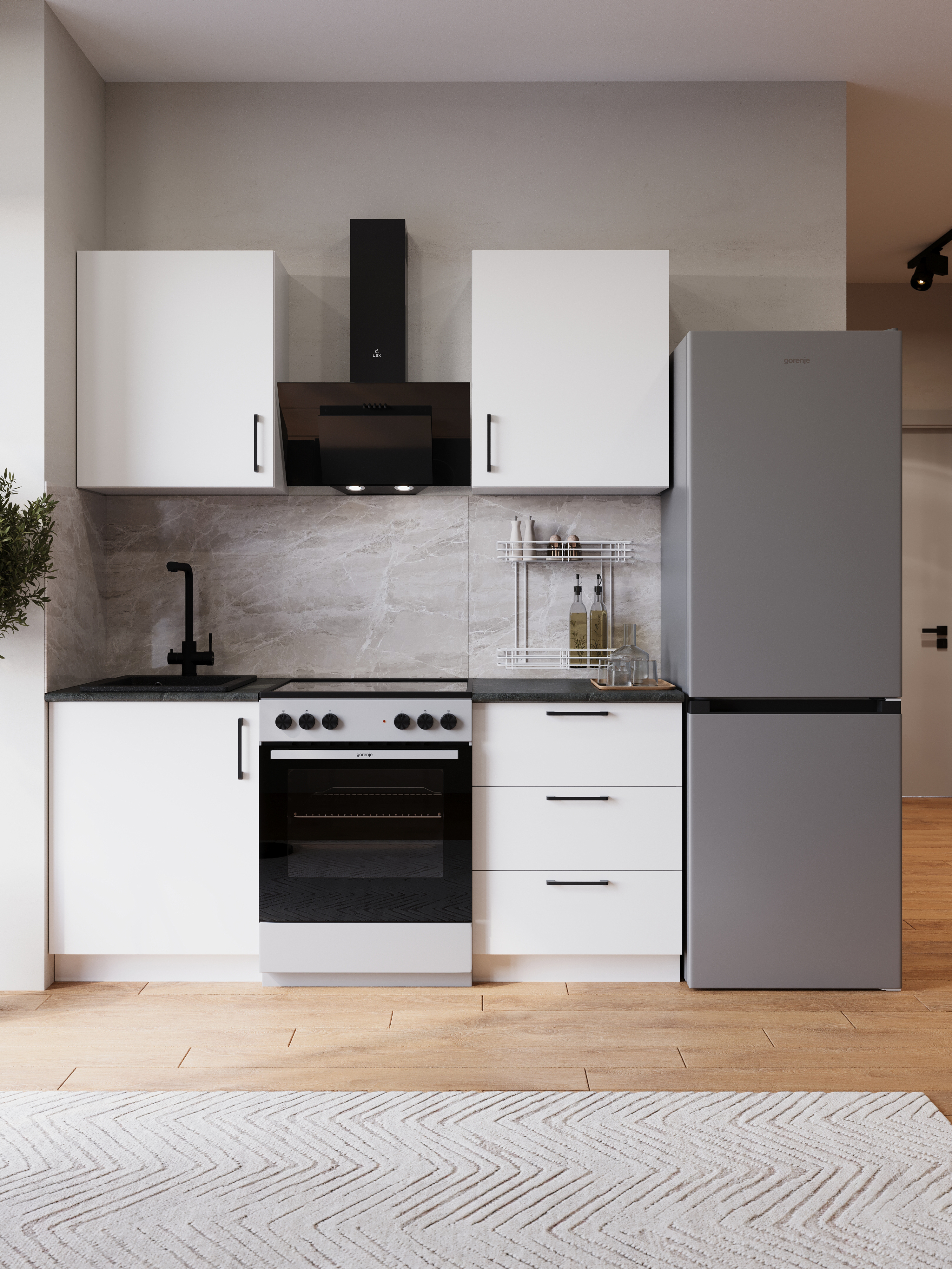 Кухонный гарнитур Domaci Болонья 180 см, фасад белый, ручка черная, столешница луна KUH-708309