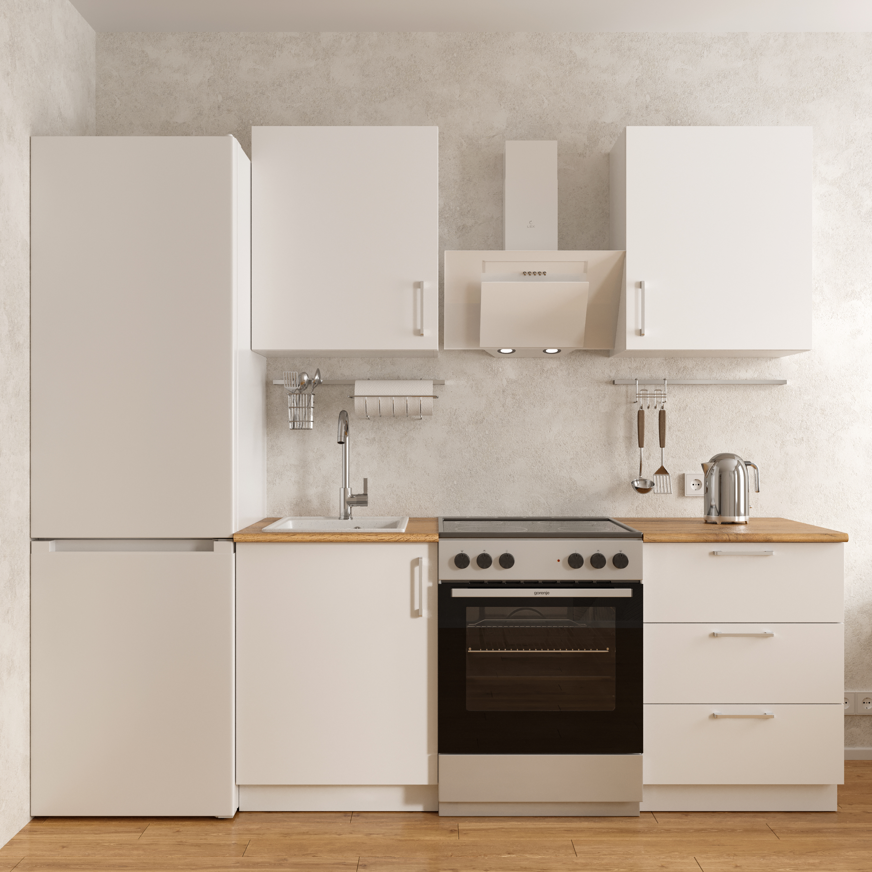 Кухонный гарнитур Domaci Болонья 180 см, фасад белый, ручка хром, столешница дуб вотан KUH-708310