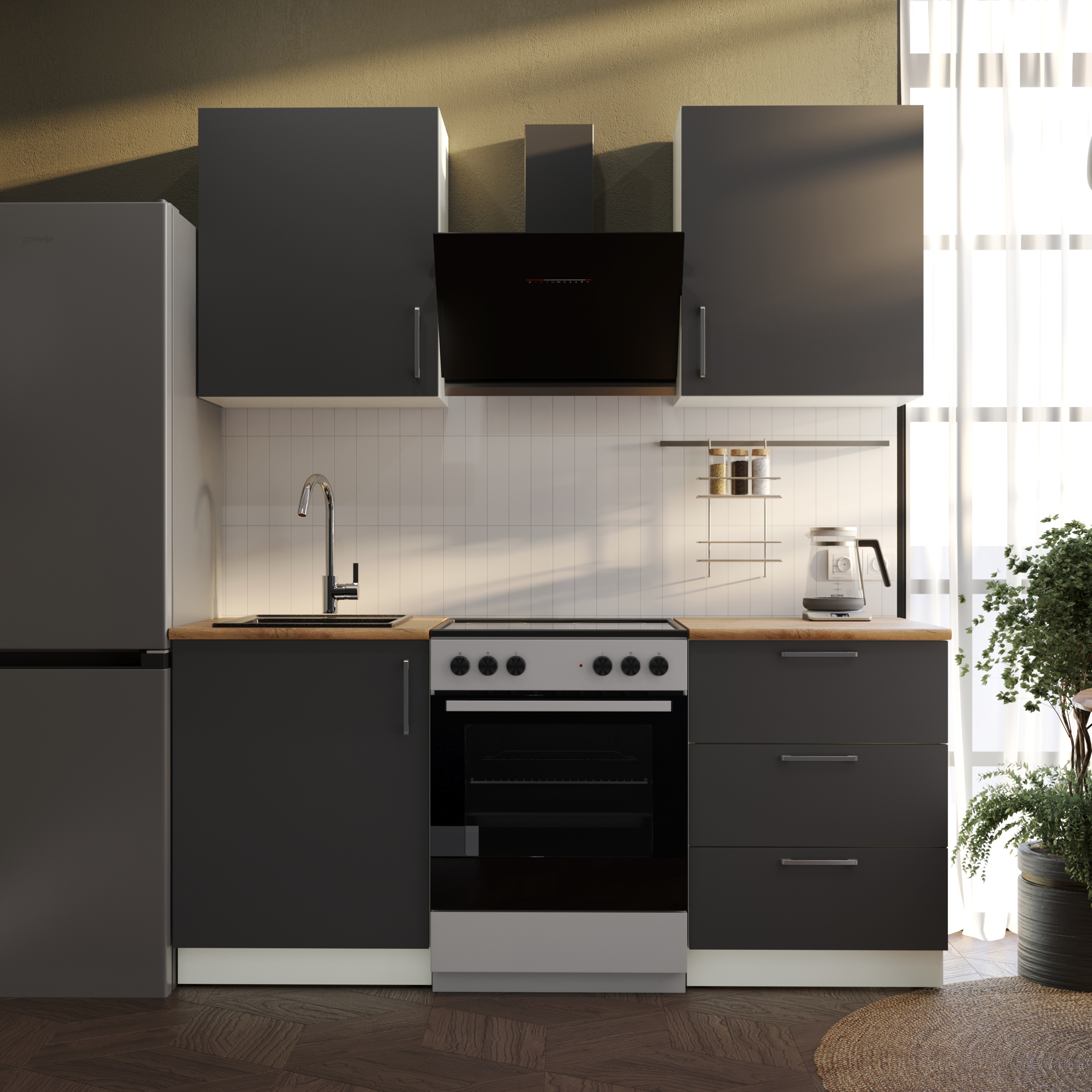 Кухонный гарнитур Domaci Болонья 180 см, фасад графит, ручка хром, столешница дуб вотан KUH-708313