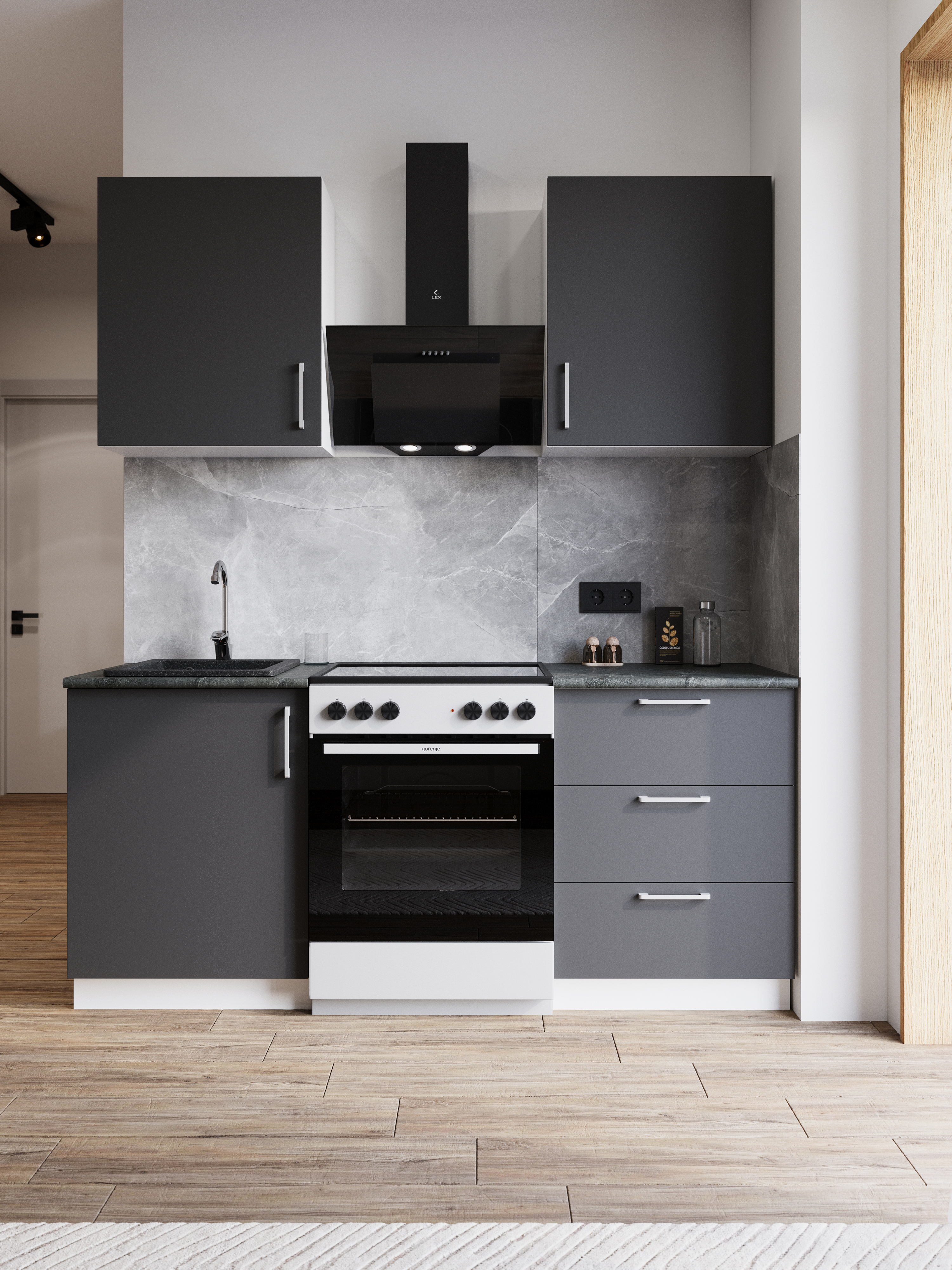 Кухонный гарнитур Domaci Болонья 180 см, фасад графит, ручка хром, столешница луна KUH-708314