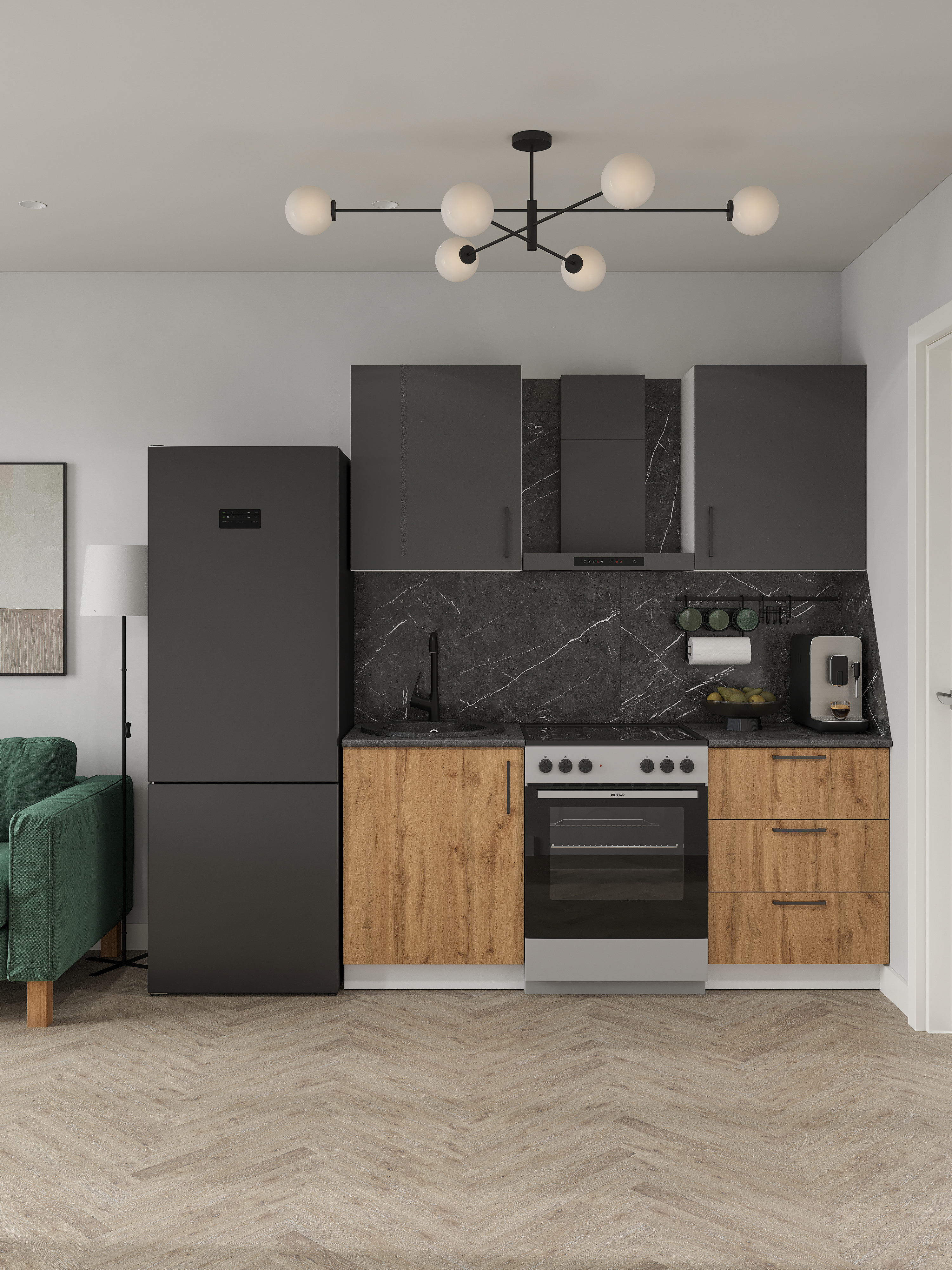 Кухонный гарнитур Domaci Болонья 180 см, фасад дуб вотан, графит, ручка черная, столешница луна KUH-709666