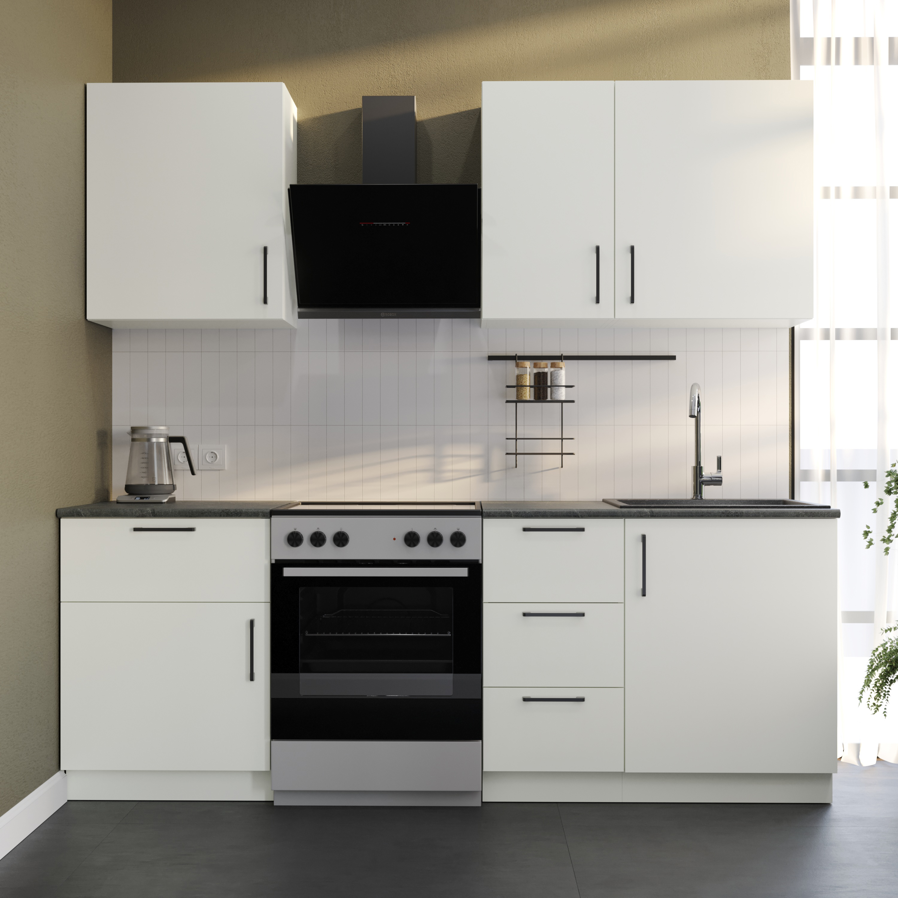 Кухонный гарнитур Domaci Болонья 220 см, фасад белый, ручка черная, столешница луна KUH-708337