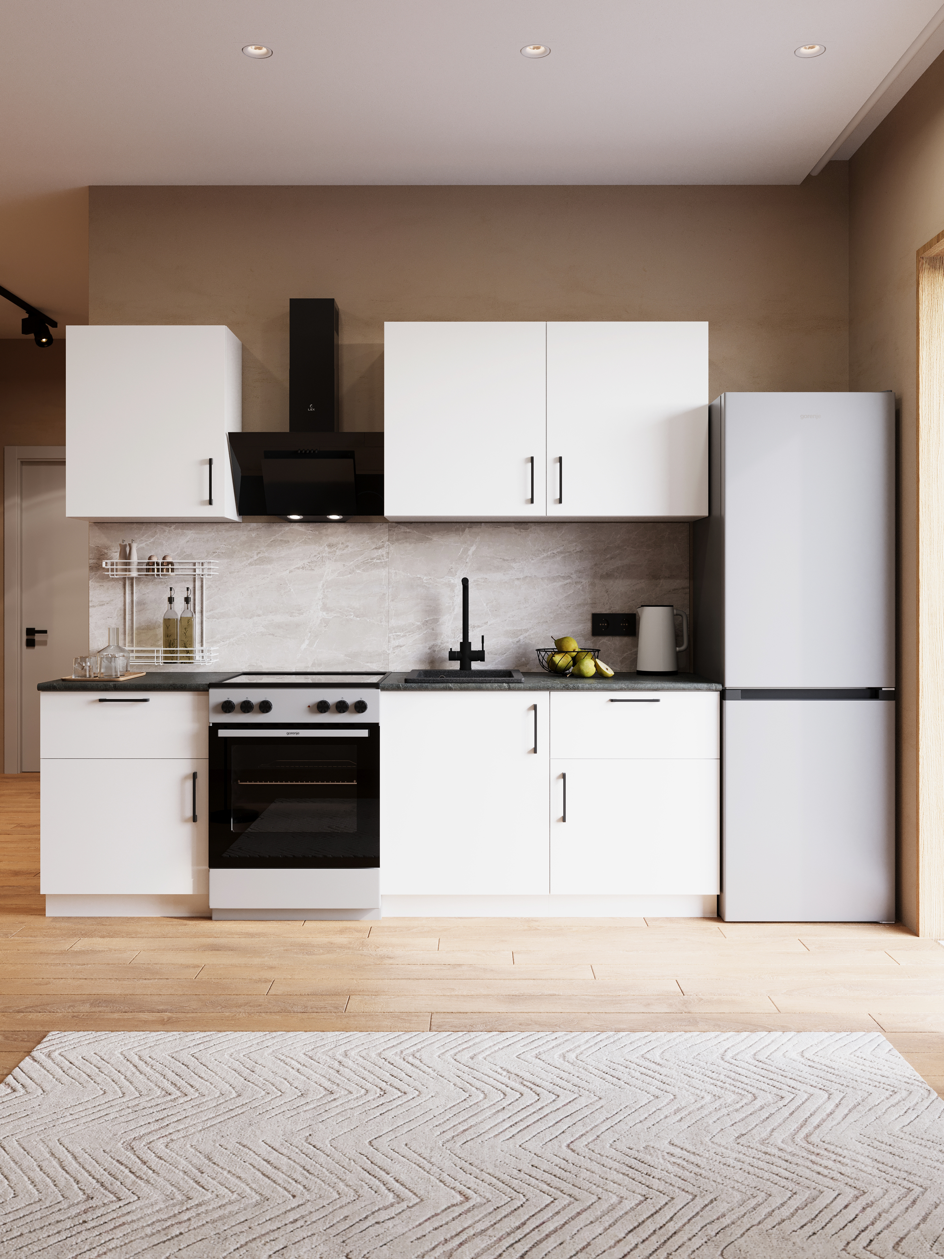 Кухонный гарнитур Domaci Болонья 240 см, фасад белый, ручка черная, столешница луна KUH-708350