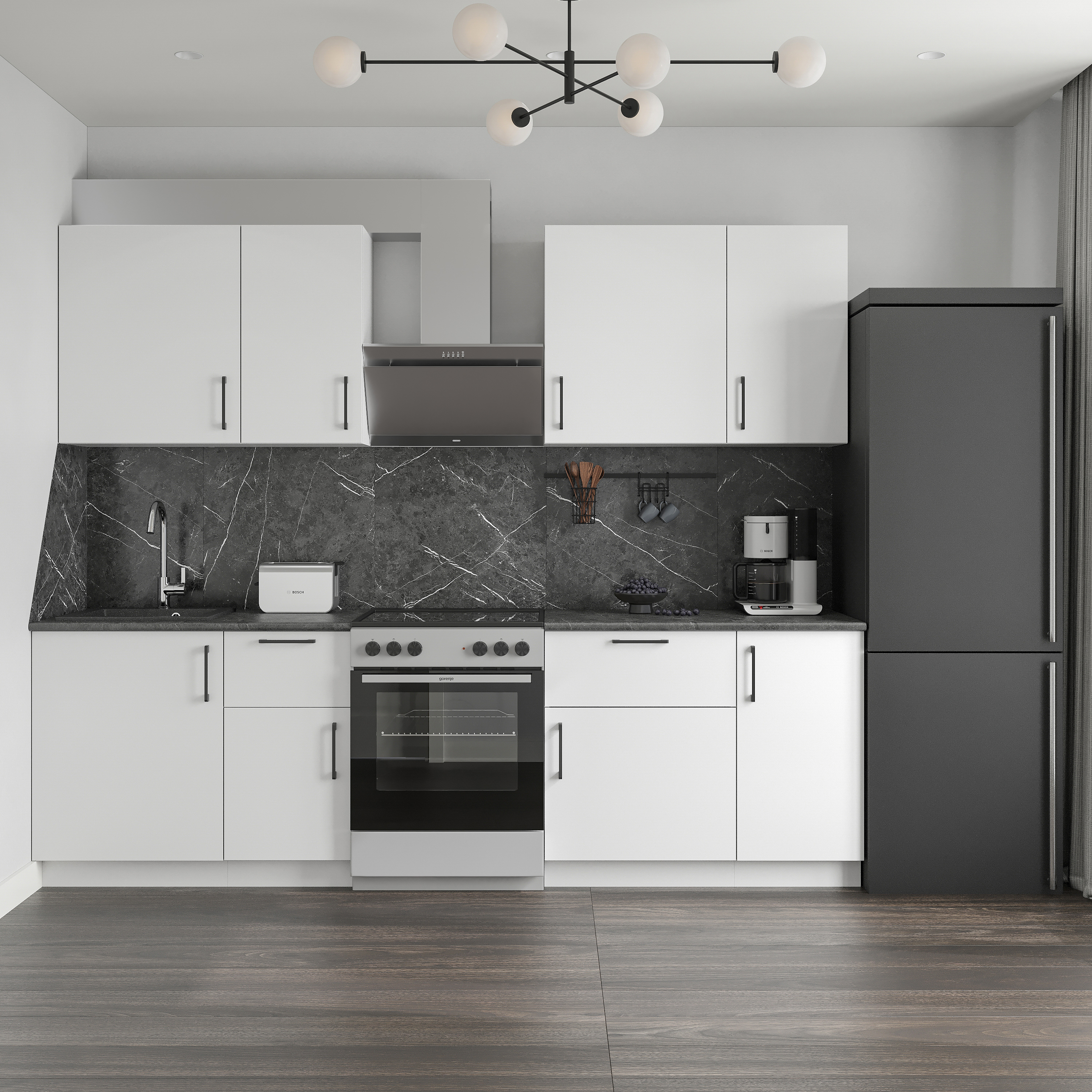 Кухонный гарнитур Domaci Болонья 260 см, фасад белый, ручка черная, столешница луна KUH-708365