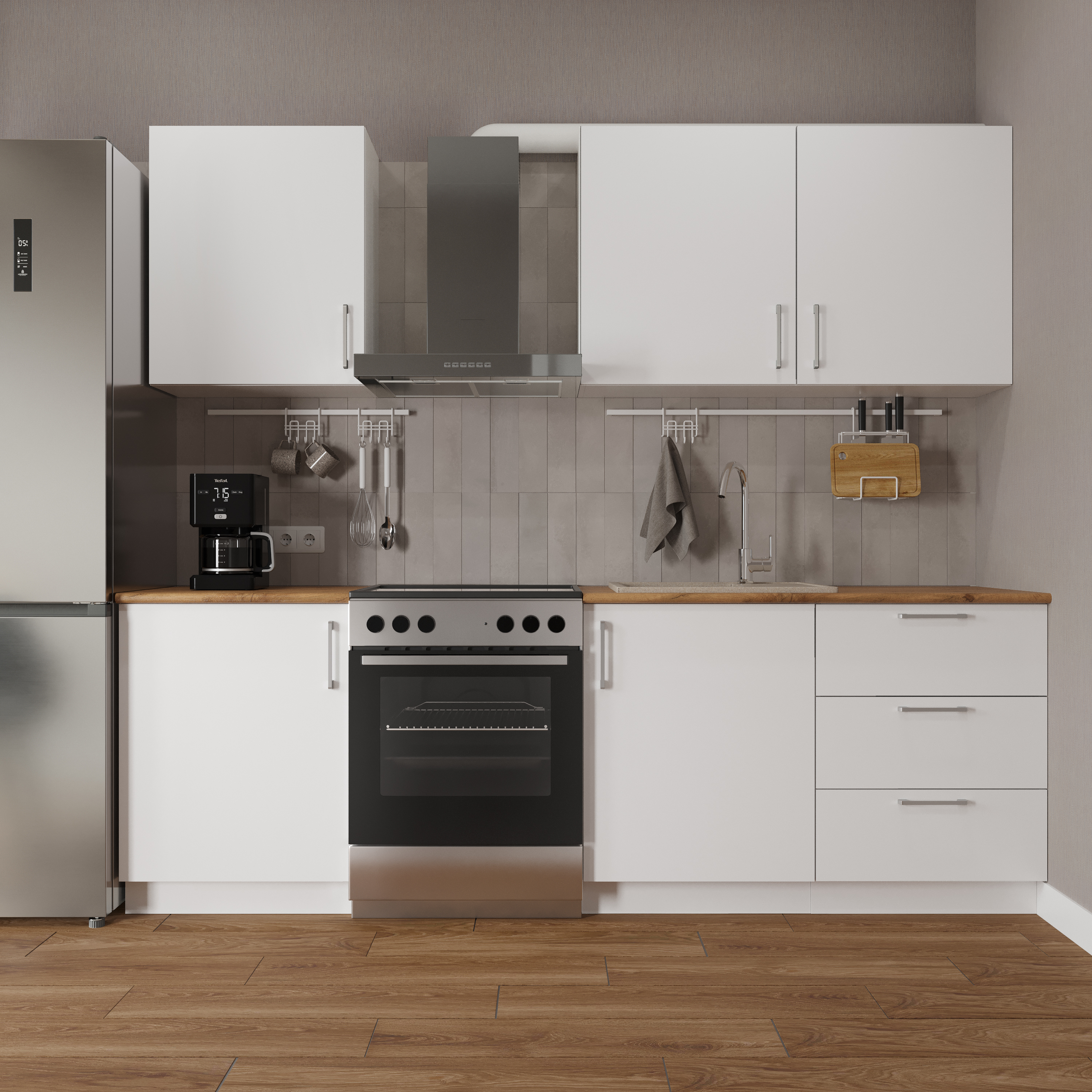 Кухонный гарнитур Domaci Болонья 240 см, фасад белый, ручка хром, столешница дуб вотан KUH-708361