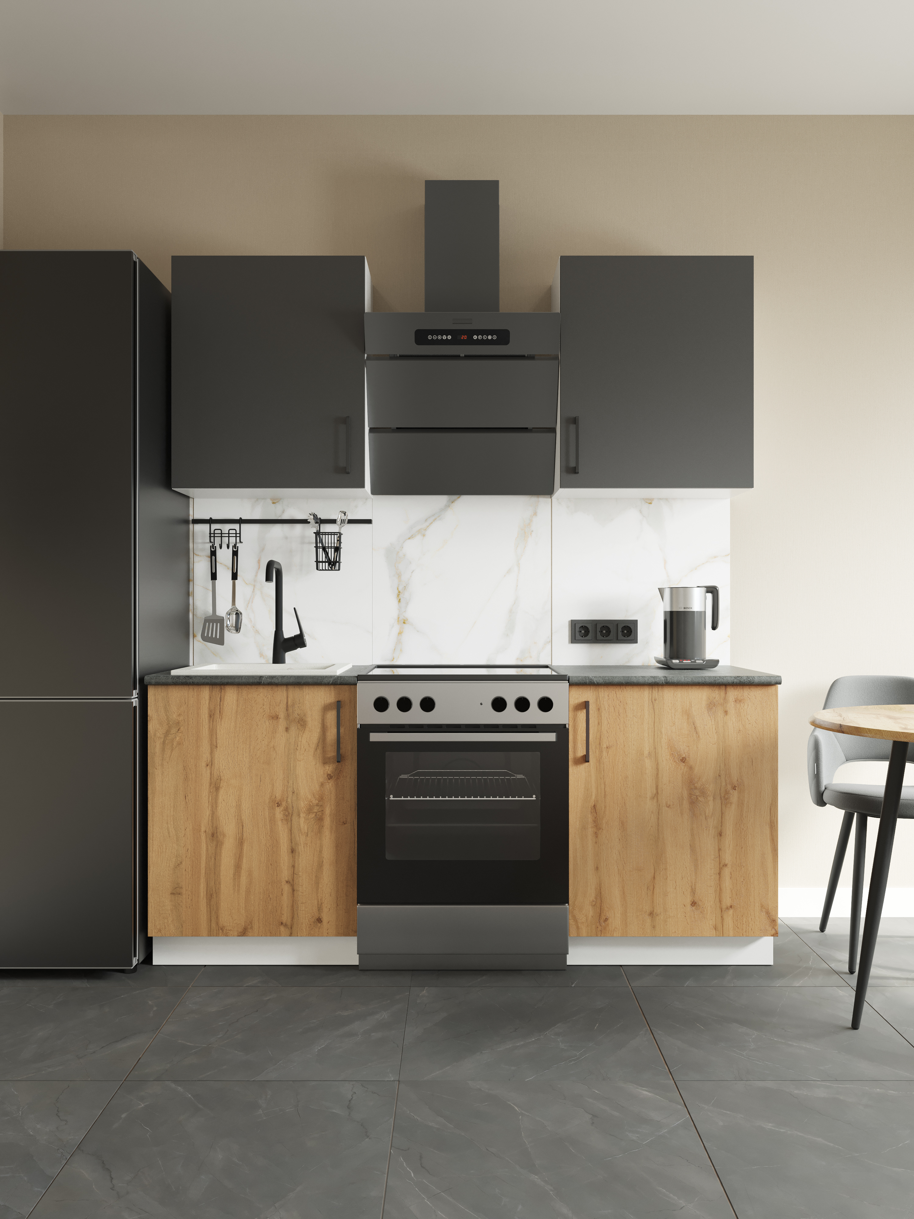 Кухонный гарнитур Domaci Болонья 180 см, фасад дуб вотан, графит, ручка черная, столешница луна KUH-709590