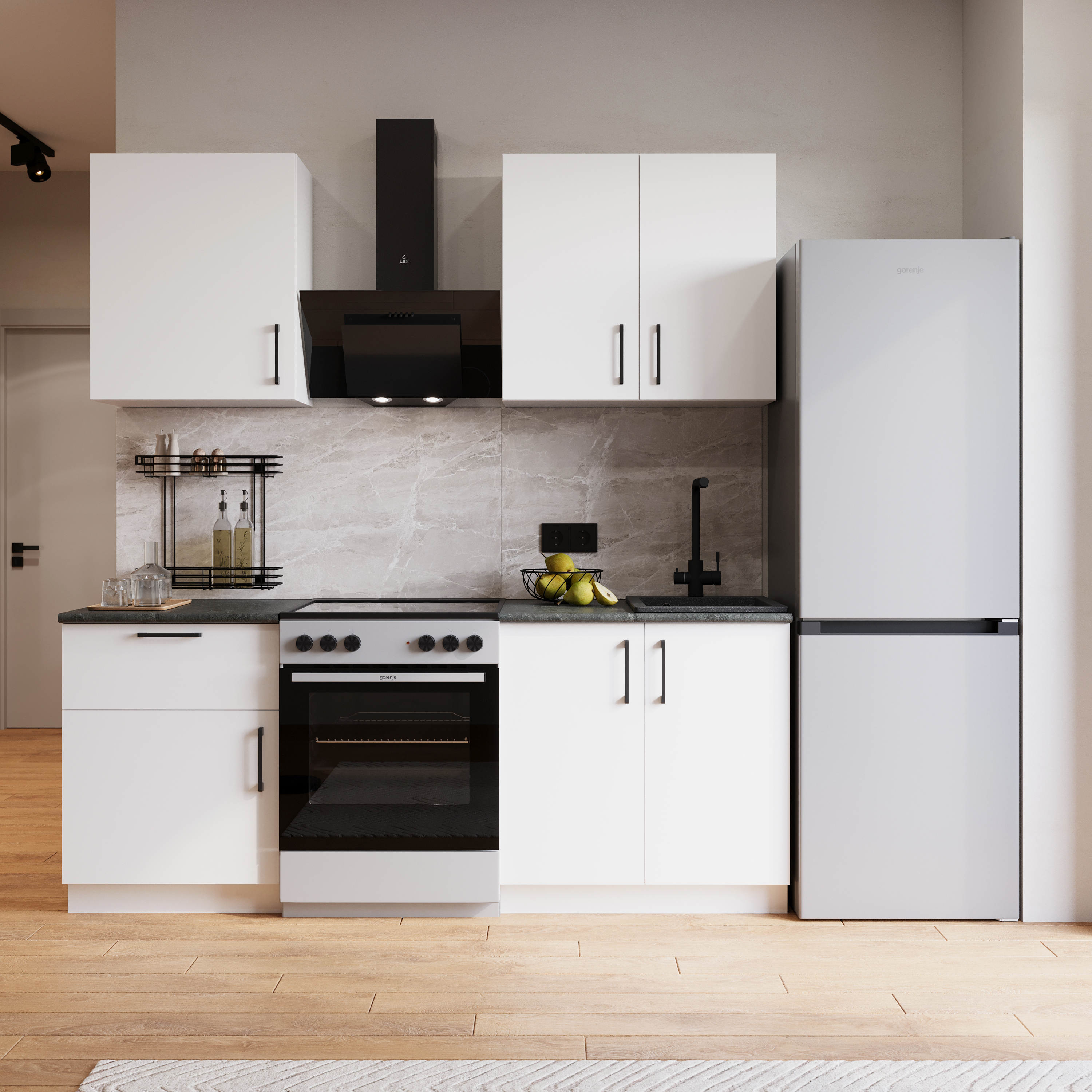 Кухонный гарнитур Domaci Болонья 200 см, фасад белый, ручка черная, столешница луна KUH-708316