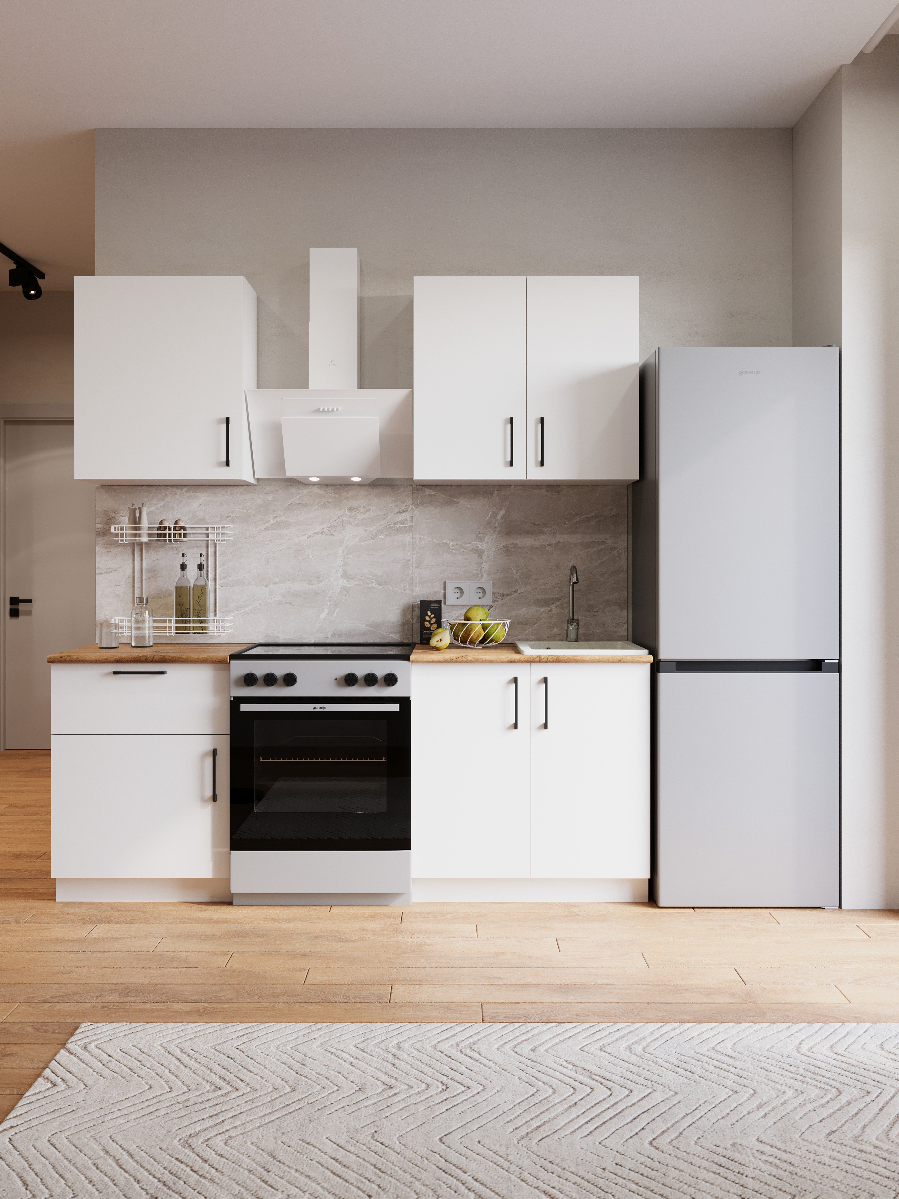 Кухонный гарнитур Domaci Болонья 200 см, фасад белый, ручка хром, столешница дуб вотан KUH-708317