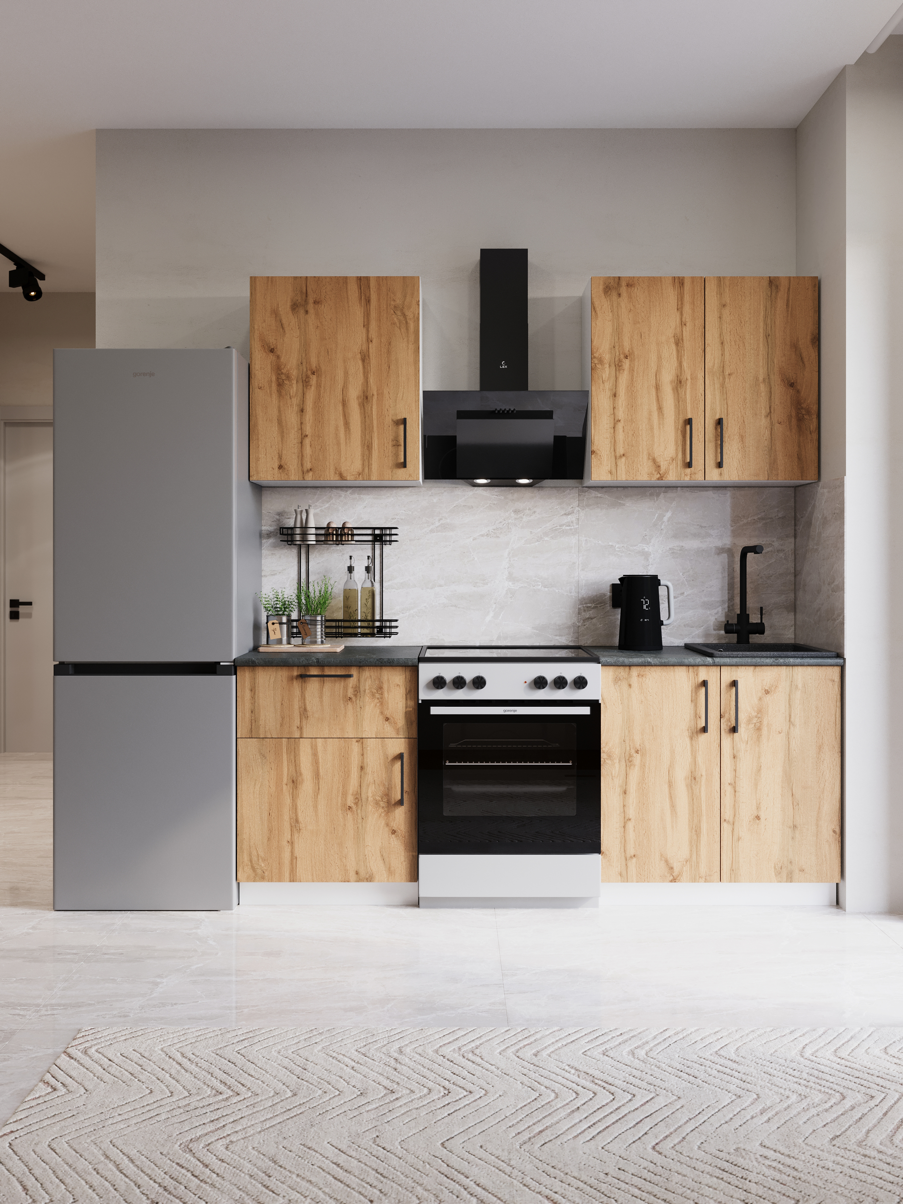 Кухонный гарнитур Domaci Болонья 200 см, фасад дуб вотан, ручка черная, столешница луна KUH-708319