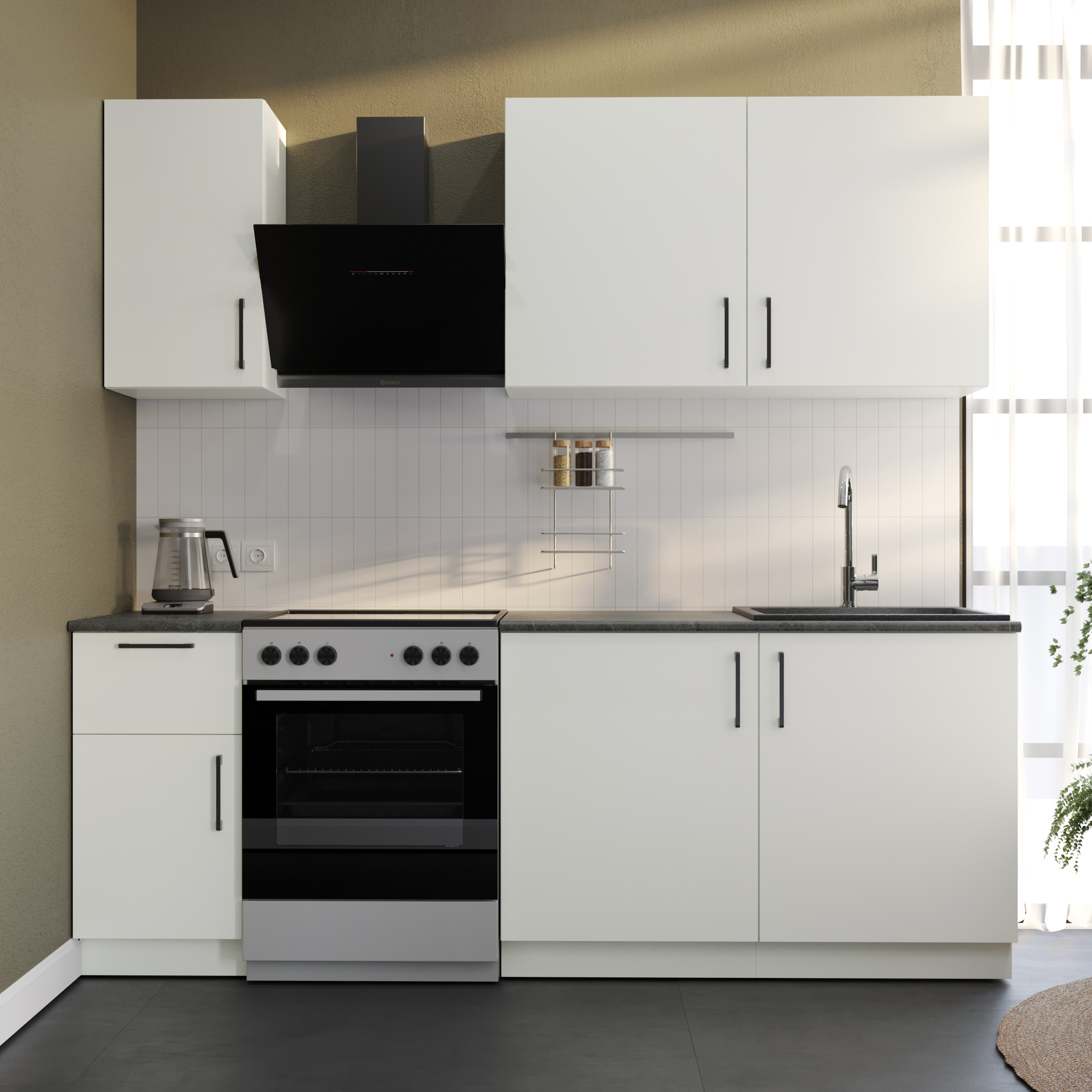 Кухонный гарнитур Domaci Болонья 220 см, фасад белый, ручка черная, столешница луна KUH-708324