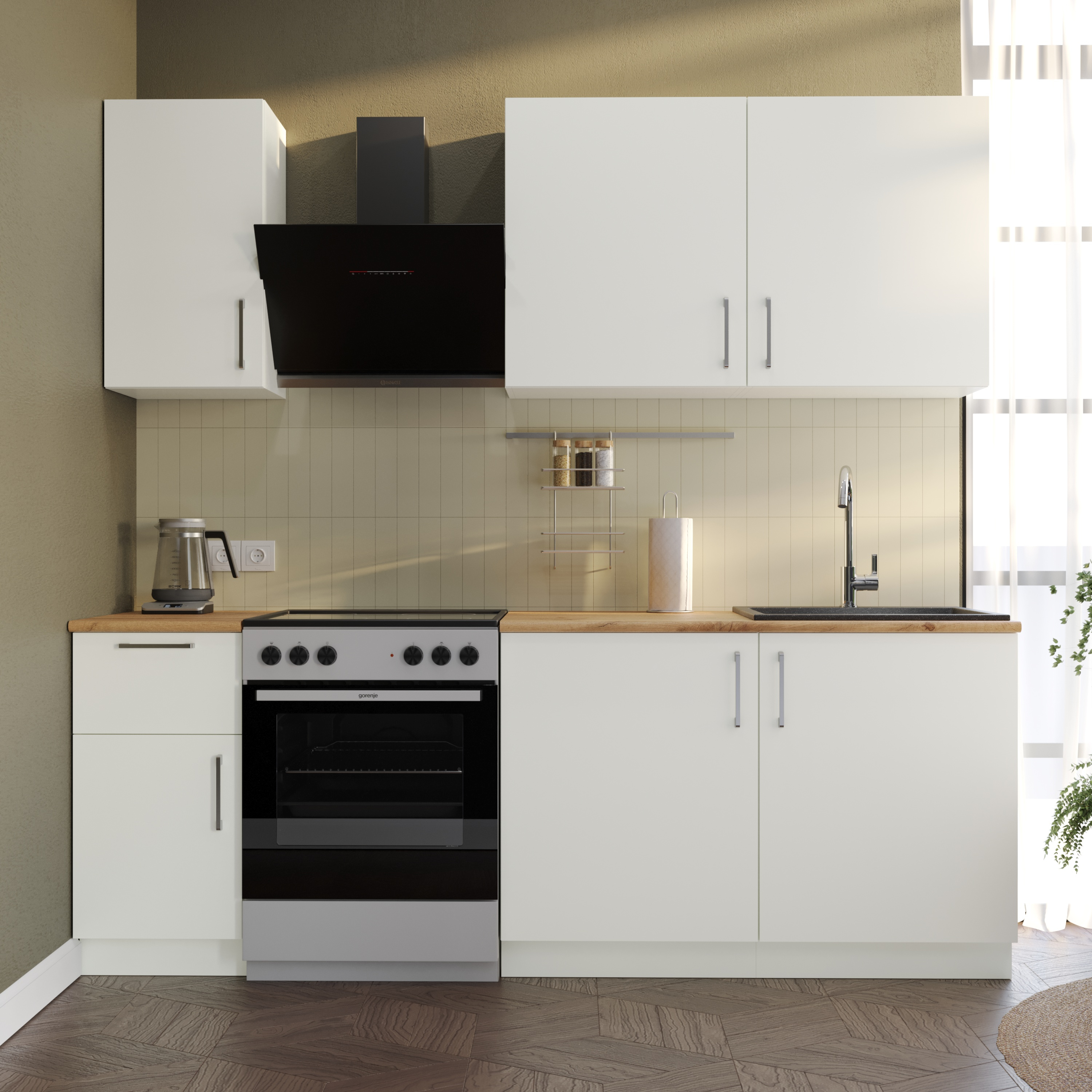 Кухонный гарнитур Domaci Болонья 220 см, фасад белый, ручка хром, столешница дуб вотан KUH-708325