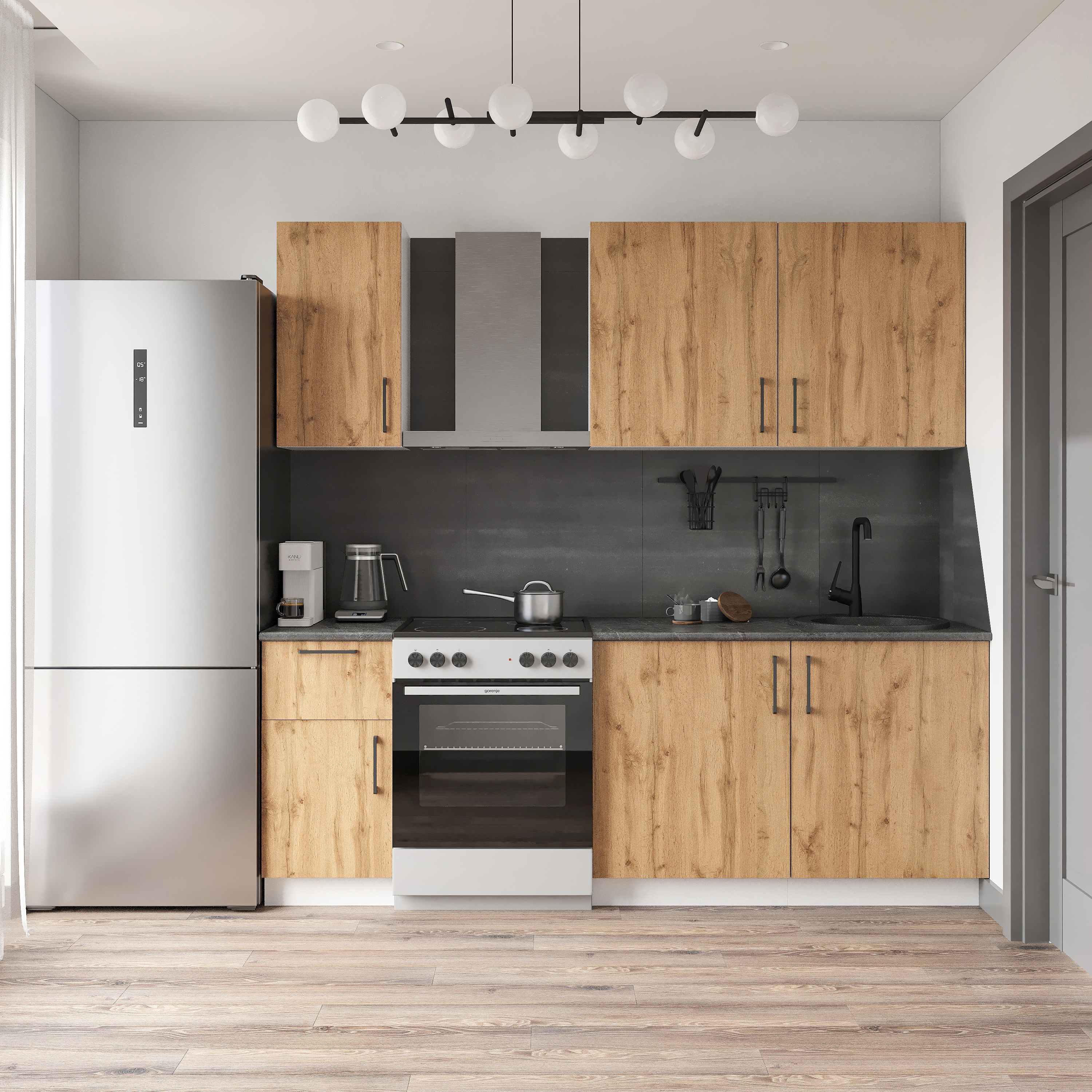 Кухонный гарнитур Domaci Болонья 220 см, фасад дуб вотан, ручка черная, столешница луна KUH-708326