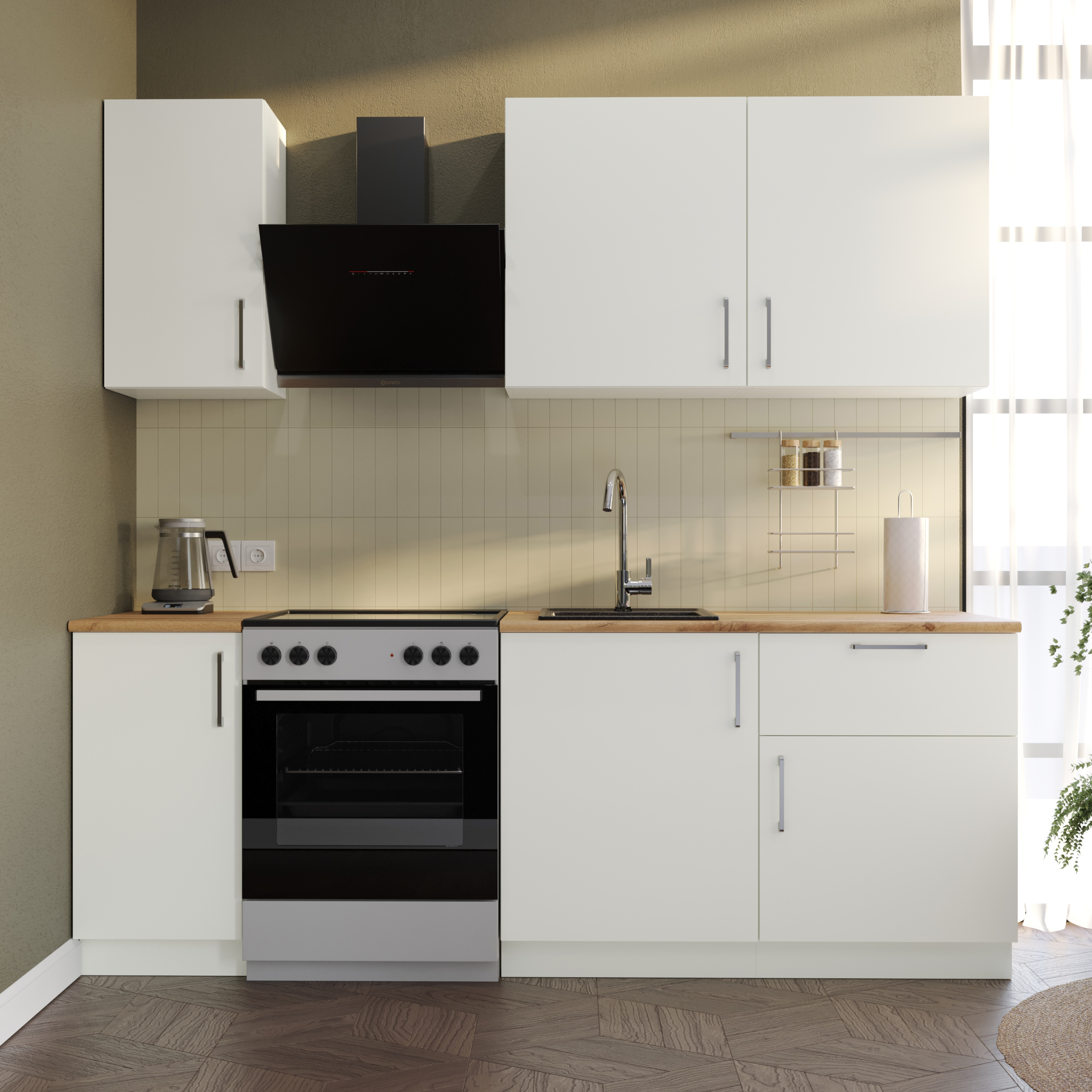 Кухонный гарнитур Domaci Болонья 220 см, фасад белый, ручка хром, столешница дуб вотан KUH-708332