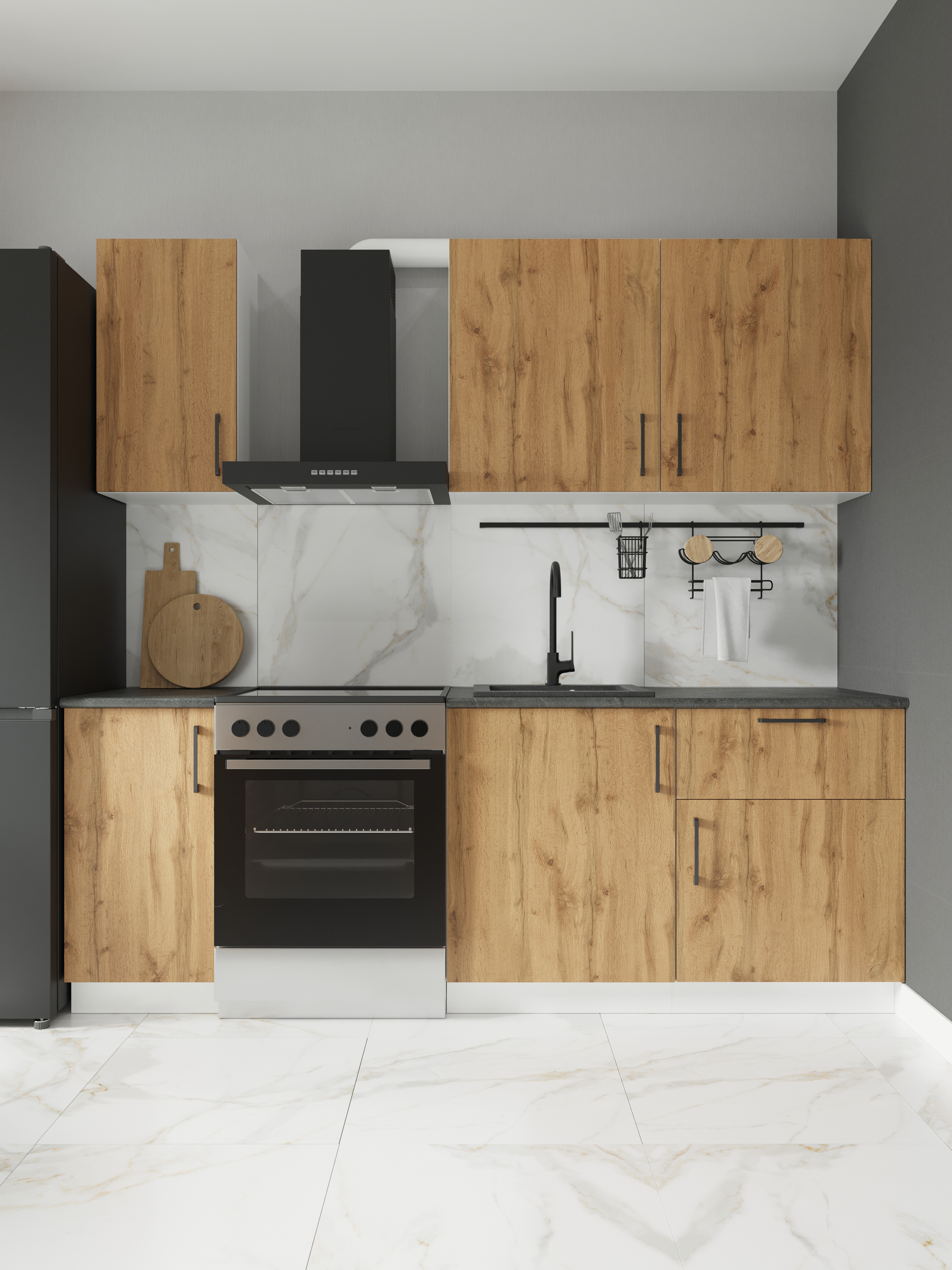 Кухонный гарнитур Domaci Болонья 220 см, фасад дуб вотан, ручка черная, столешница луна KUH-708333