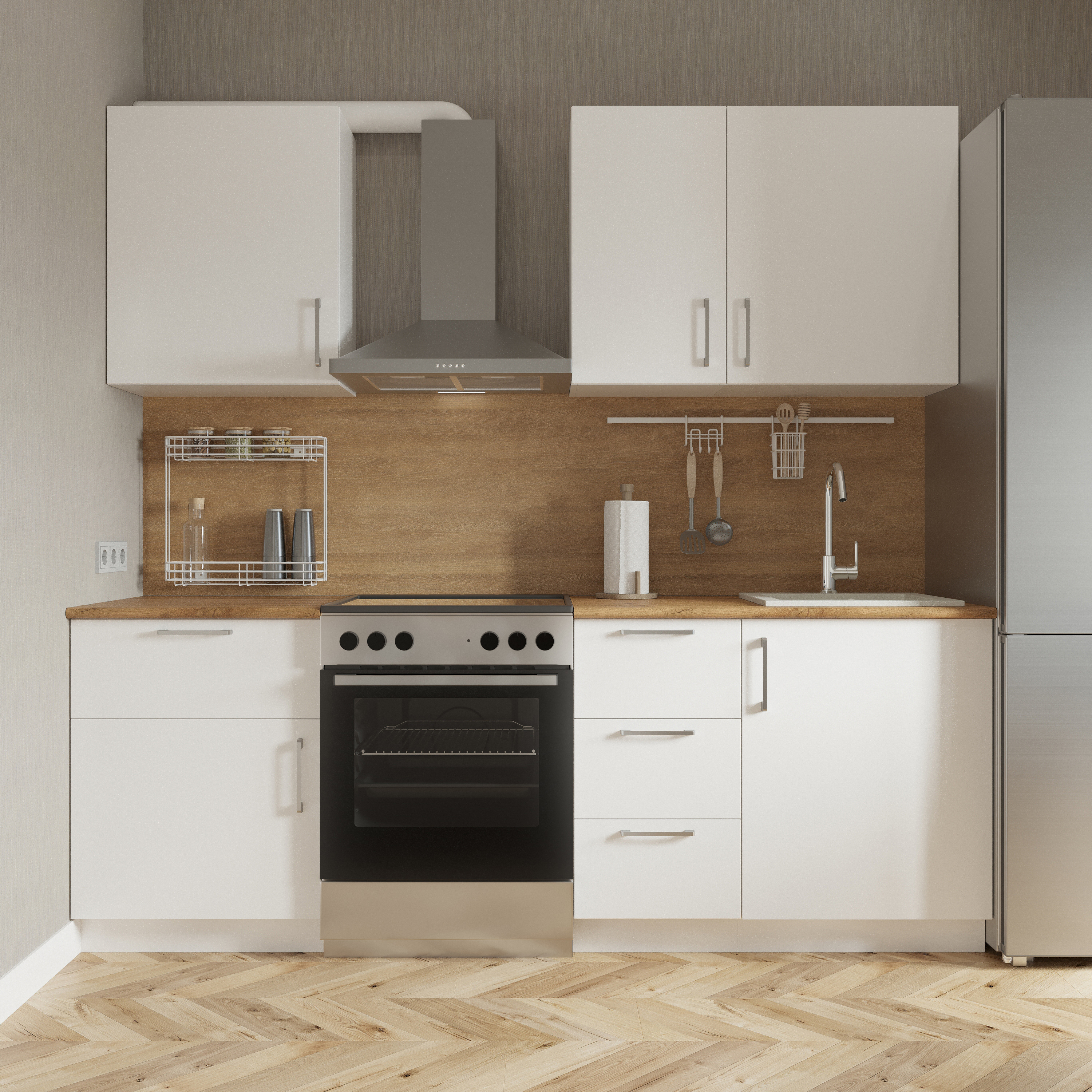 Кухонный гарнитур Domaci Болонья 220 см, фасад белый, ручка хром, столешница дуб вотан KUH-708339