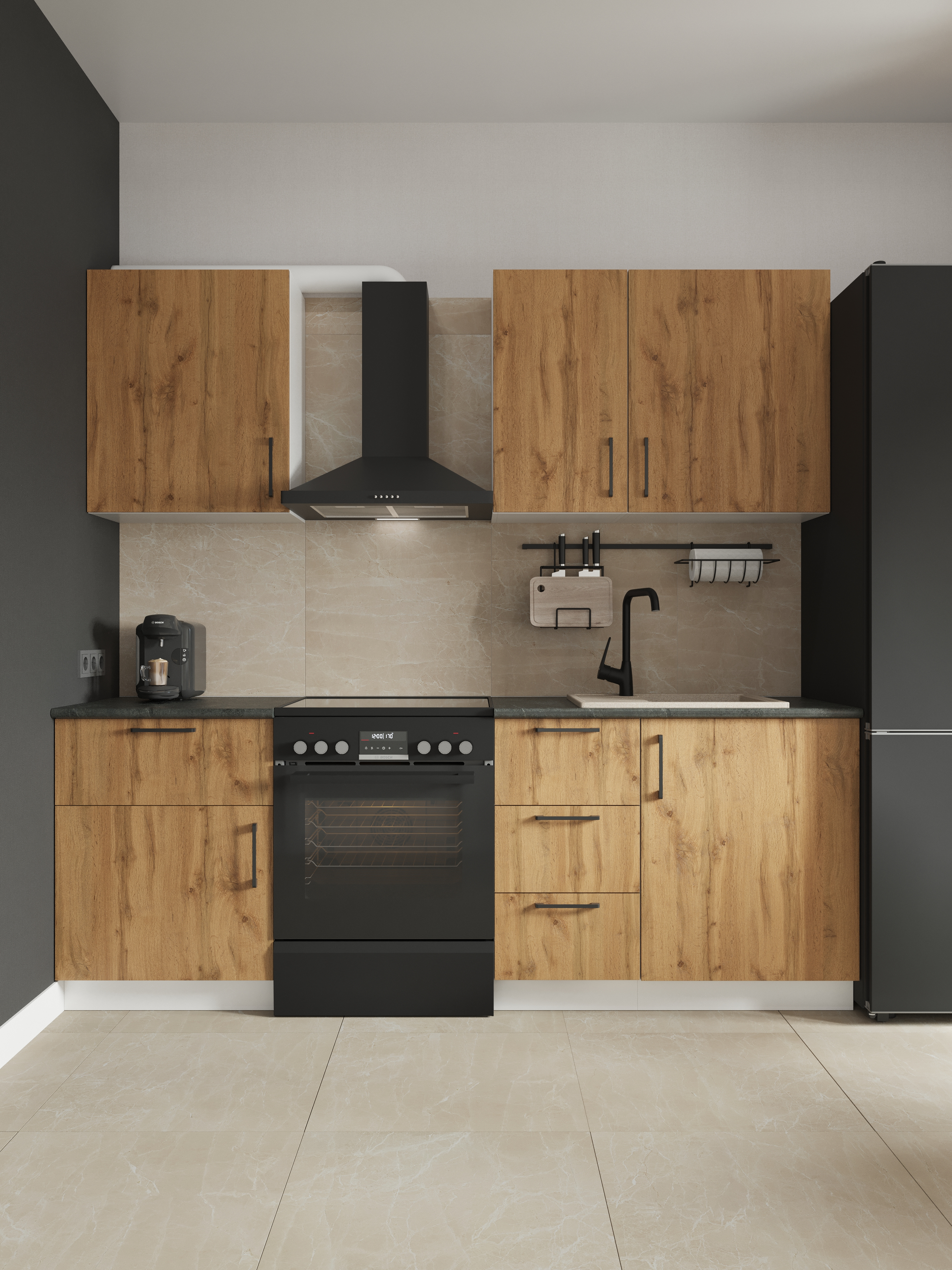 Кухонный гарнитур Domaci Болонья 220 см, фасад дуб вотан, ручка черная, столешница луна KUH-708340