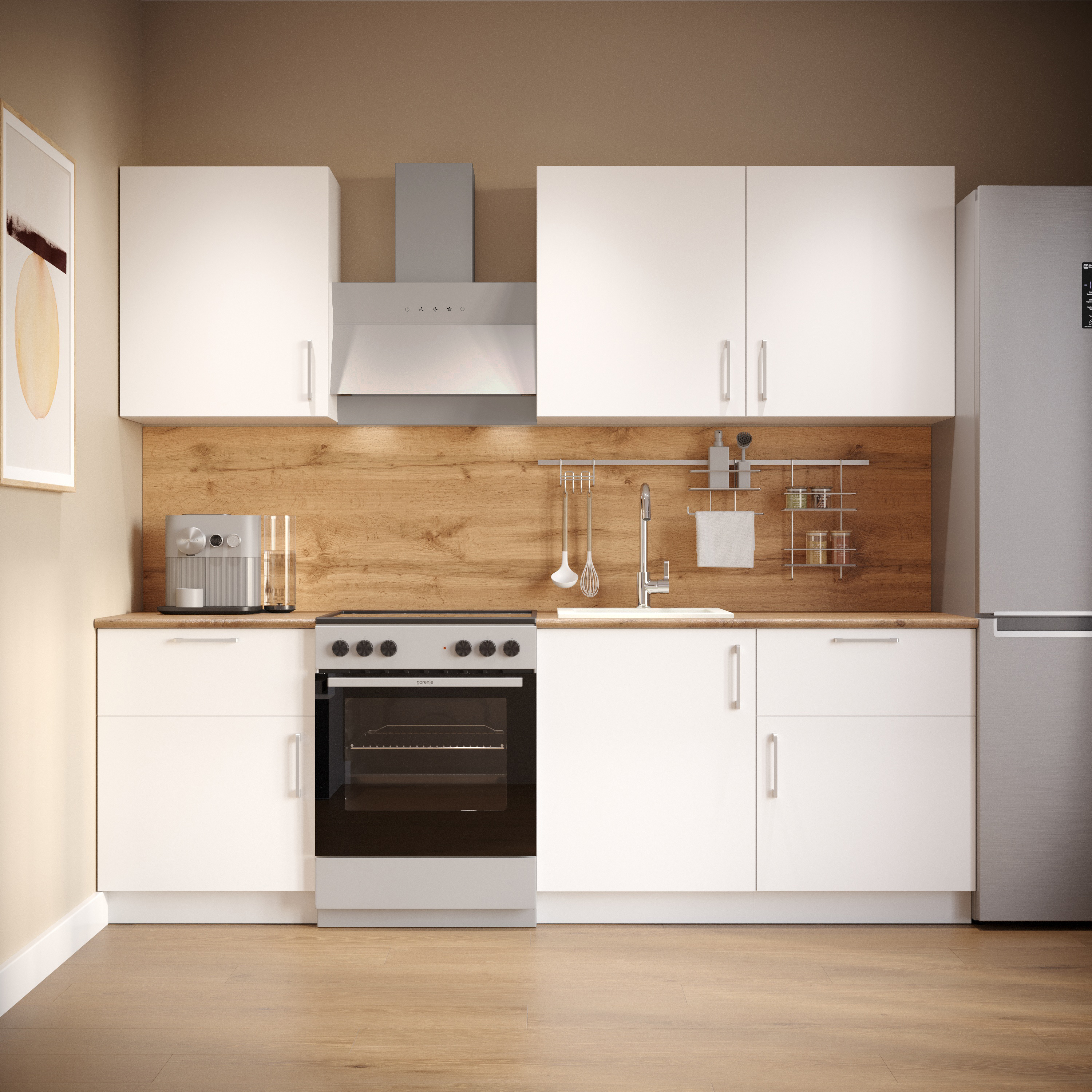 Кухонный гарнитур Domaci Болонья 240 см, фасад белый, ручка хром, столешница дуб вотан KUH-708354