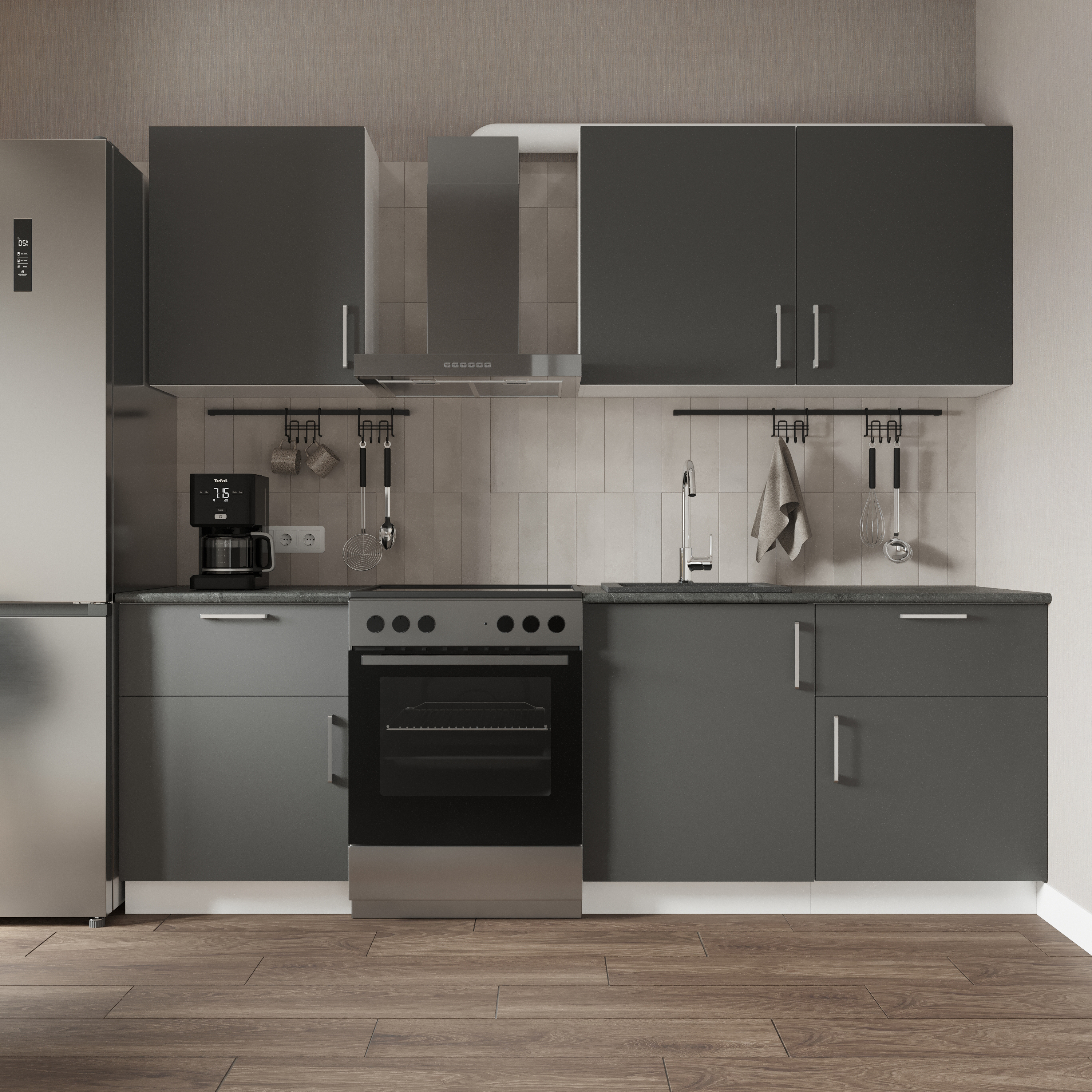 Кухонный гарнитур Domaci Болонья 240 см, фасад графит, ручка хром, столешница луна KUH-708359