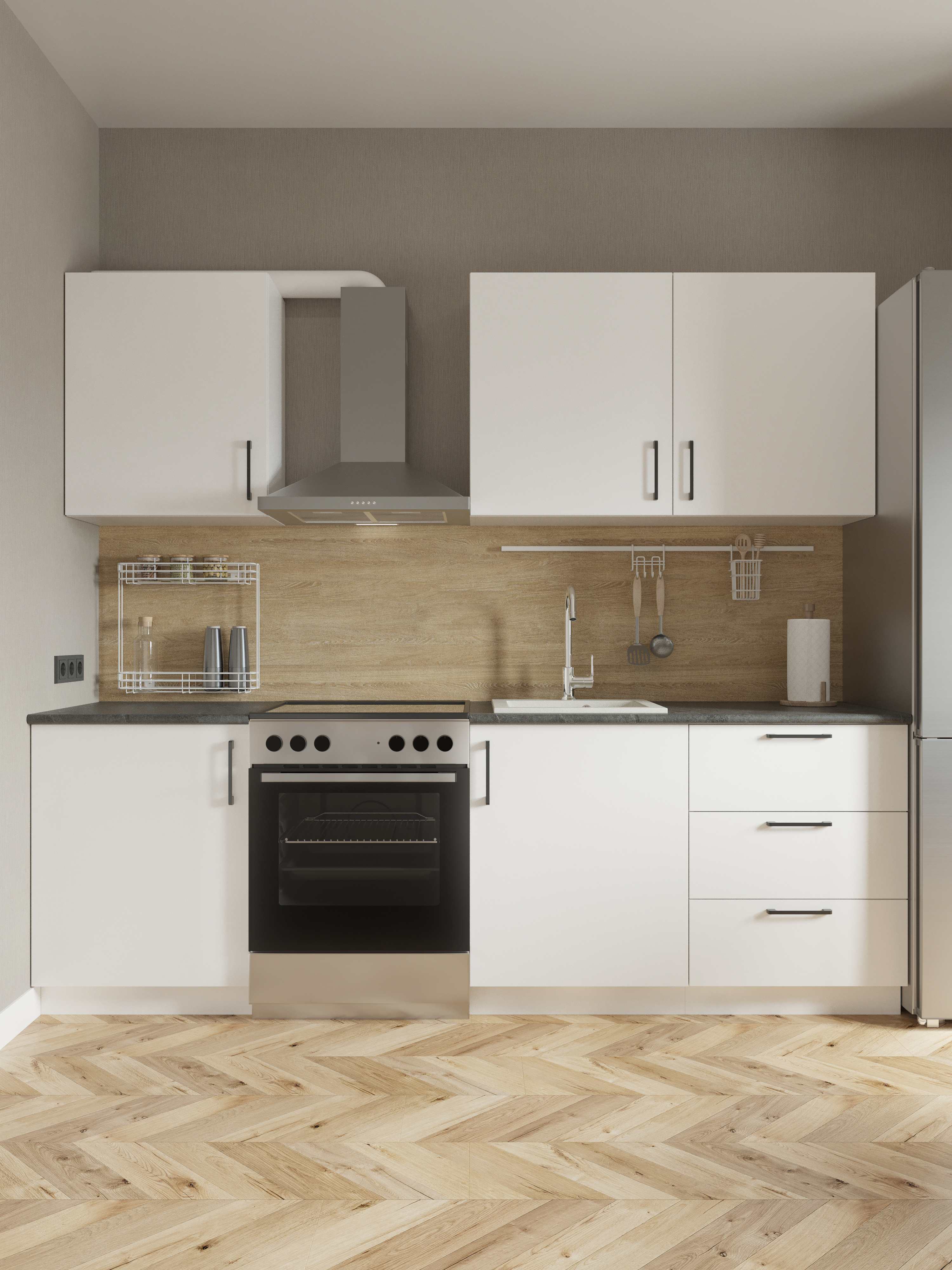 Кухонный гарнитур Domaci Болонья 240 см, фасад белый, ручка черная, столешница луна KUH-708360