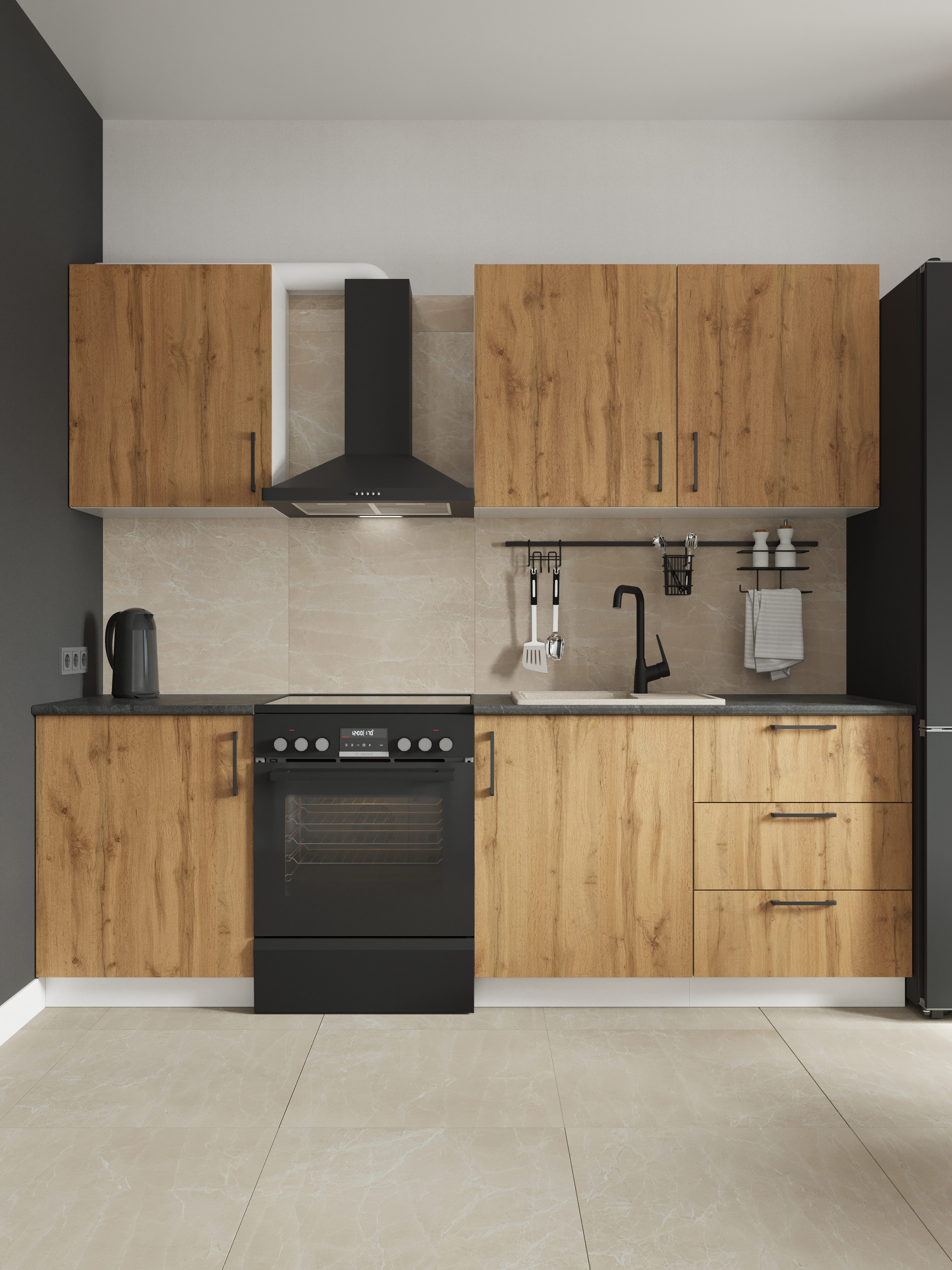 Кухонный гарнитур Domaci Болонья 240 см, фасад дуб вотан, ручка черная, столешница луна KUH-708362