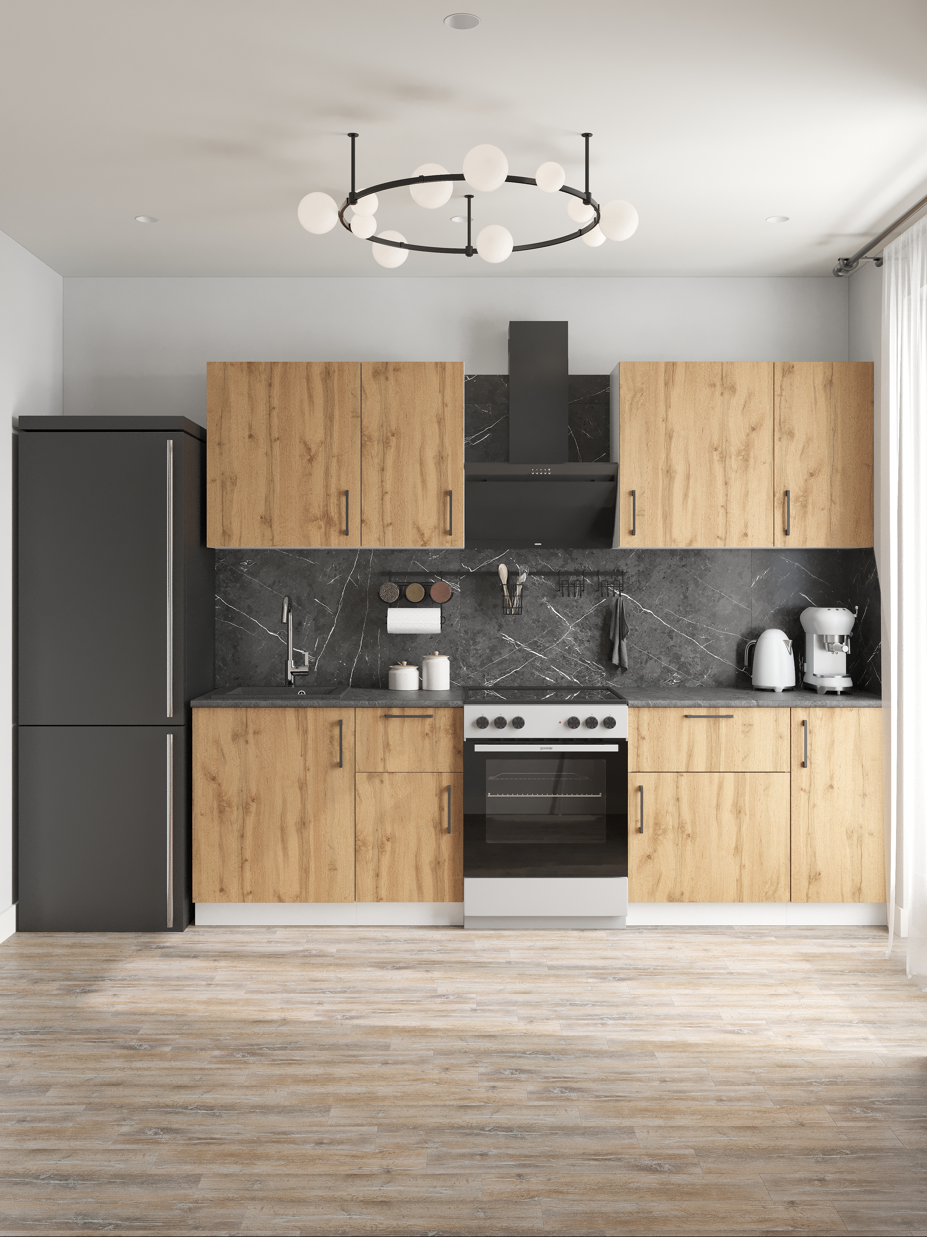 Кухонный гарнитур Domaci Болонья 260 см, фасад дуб вотан, ручка черная, столешница луна KUH-708367