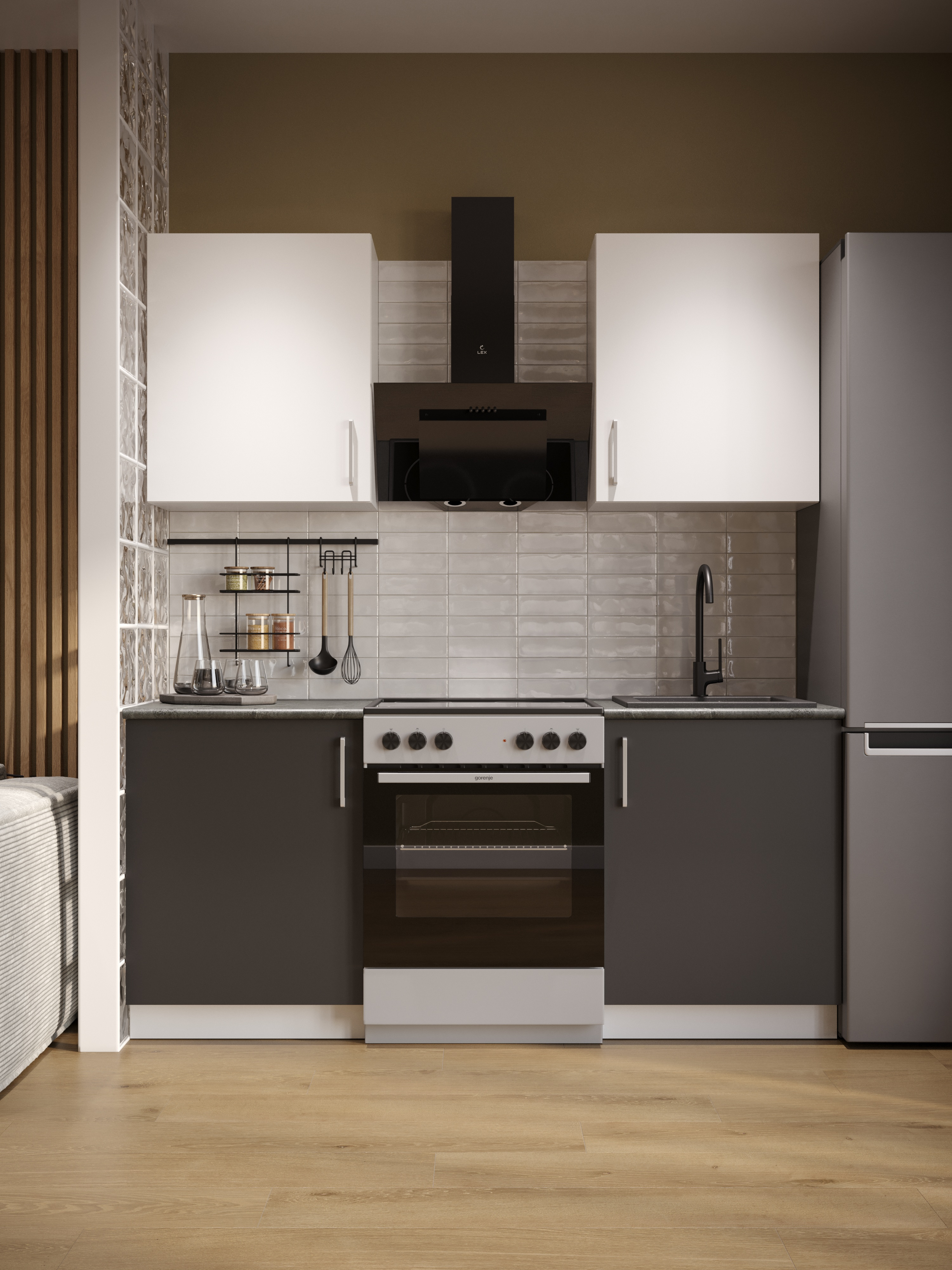 Кухонный гарнитур Domaci Болонья 180 см, фасад графит, белый, ручка хром, столешница луна KUH-709592