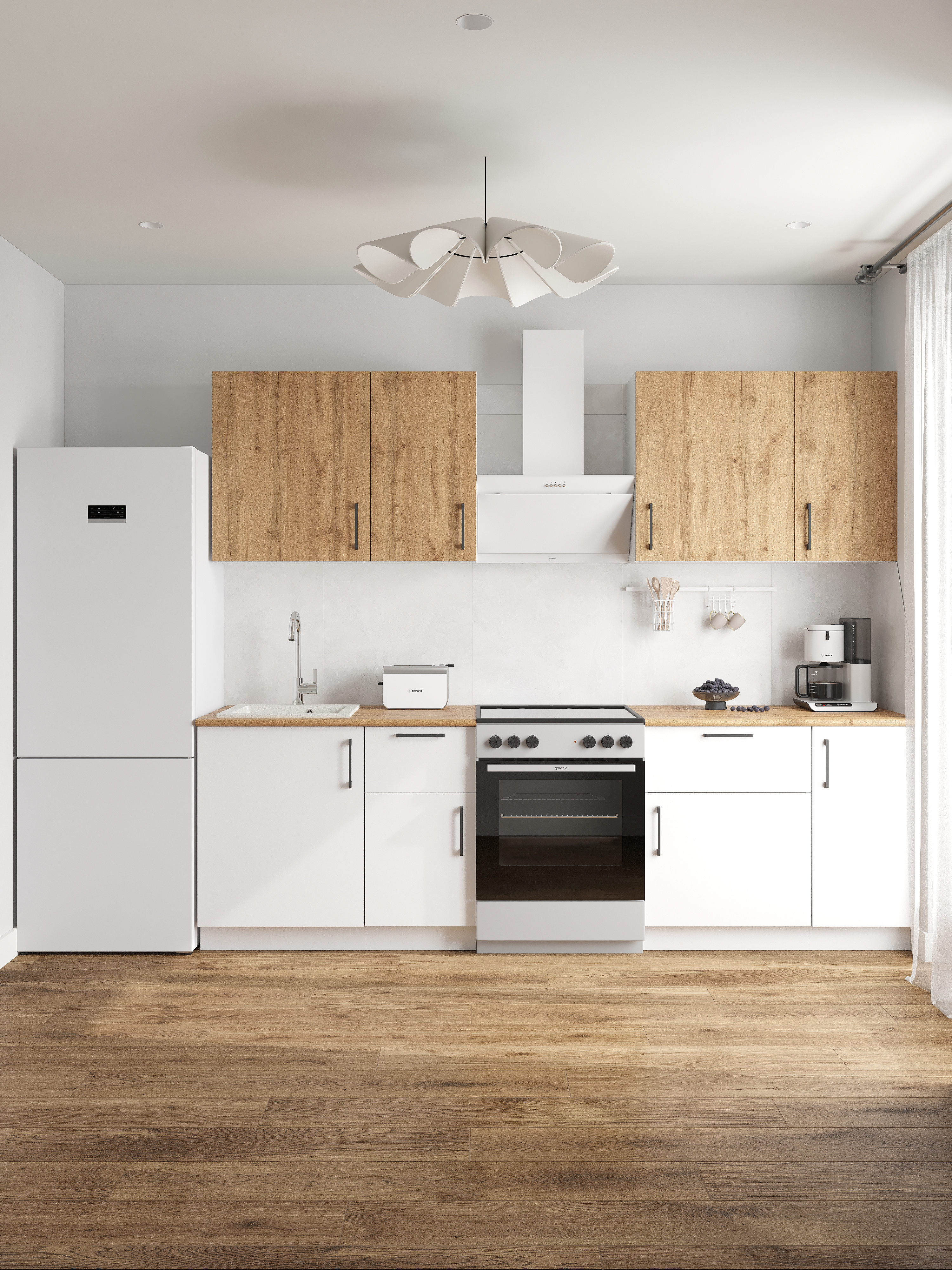 Кухонный гарнитур Domaci Болонья 260 см, фасад белый, дуб вотан, ручка черная, столешница дуб вотан KUH-709670