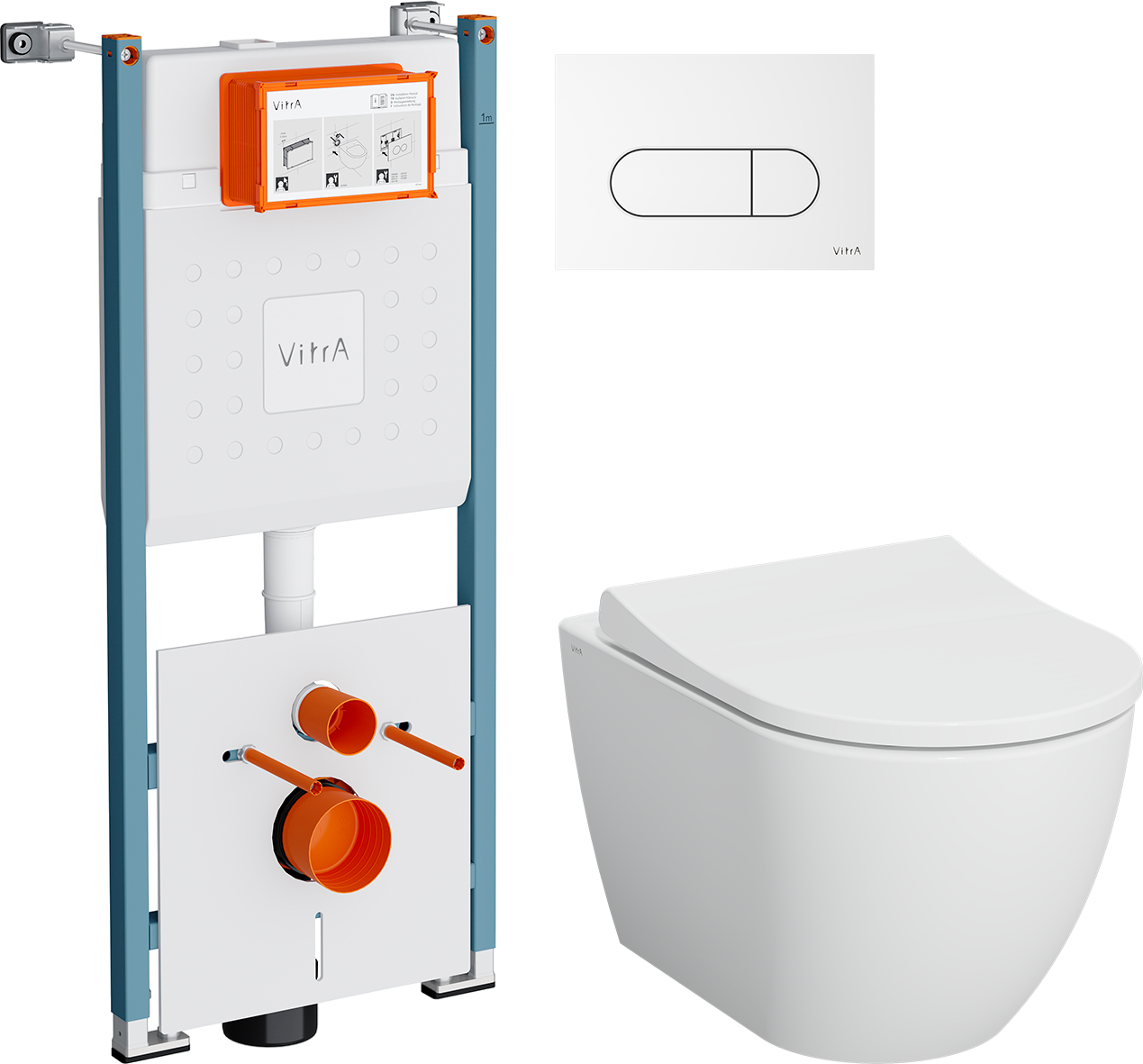 Комплект 4 в 1 Унитаз подвесной VitrA Mia Round SmoothFlush 7510B003-0075 безободковый + Сиденье 801-003-019 с микролифтом + Инсталляция V-Fix Core 732-5800-01PV + Кнопка Root Round 740-2200 цвет глянцевый белый