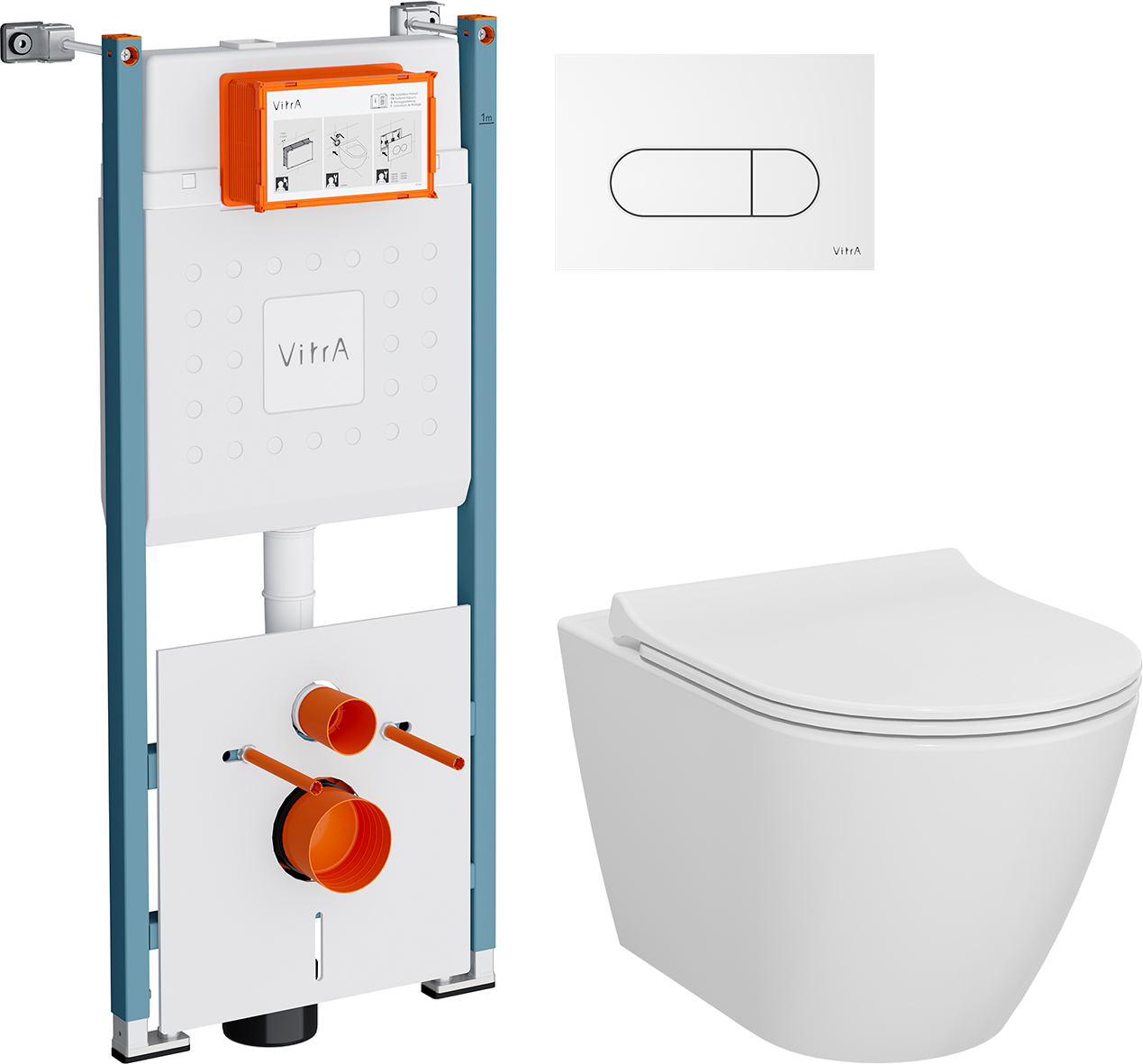 Комплект 4 в 1 Унитаз подвесной VitrA Sanibelle 7551B003-0075 безободковый + Сиденье 801-003-019 с микролифтом + Инсталляция V-Fix Core 732-5800-01PV + Кнопка Root Round 740-2200 цвет глянцевый белый