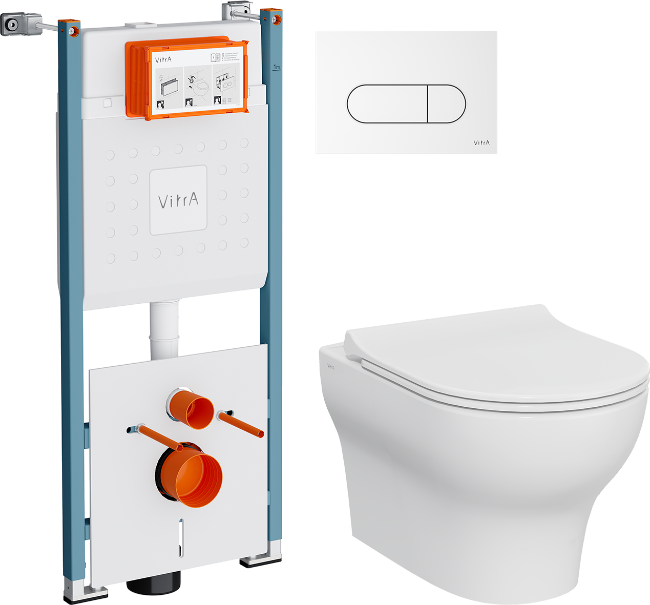 Комплект 4 в 1 Унитаз подвесной VitrA Zentrum Round 7786B003-0075 безободковый + Сиденье 801-003-019 с микролифтом + Инсталляция V-Fix Core 732-5800-01PV + Кнопка Root Round 740-2200 цвет глянцевый белый