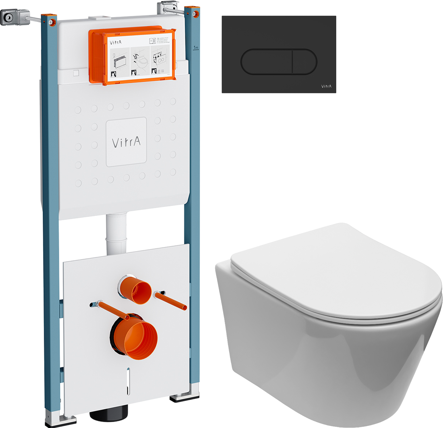 Комплект 3 в 1 Унитаз подвесной Aquanet Logan Tornado 340298 + Инсталляция VitrA V-Fix Core 732-5800-01PV + Кнопка Root Round 740-2211 цвет матовый черный