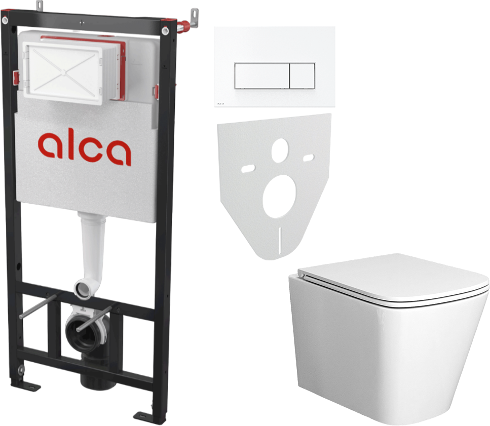 Комплект 2 в 1 Унитаз подвесной Bauedge Stil BS0002 с микролифтом, безободковый, глянцевый белый + Инсталляция с кнопкой AlcaPlast AM101/1120-4:1 M570-VE-01 цвет белый