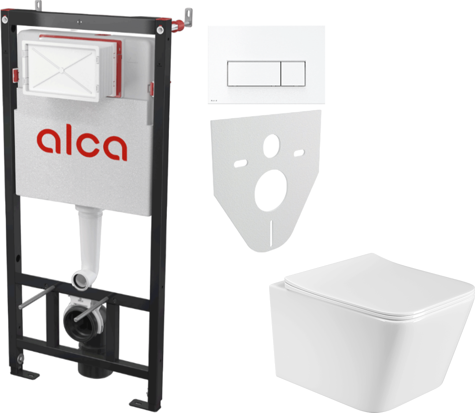 Комплект 2 в 1 Унитаз подвесной BOND Cube F04-10 + Инсталляция с кнопкой AlcaPlast AM101/1120-4:1 M570-VE-01 цвет белый