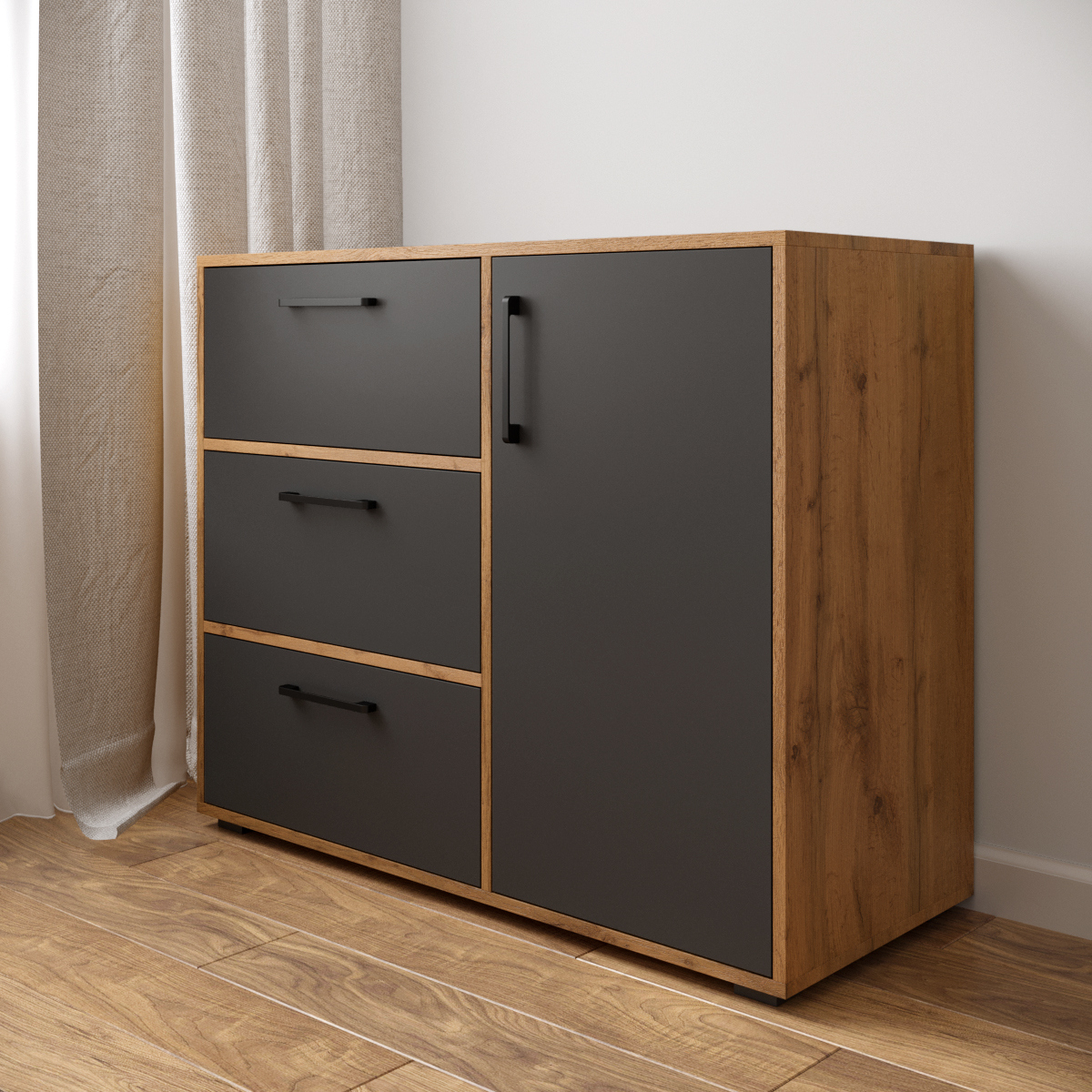 Комод DIWO Кострома 100х82х42 см антрацит, дуб вотан, ручка черная