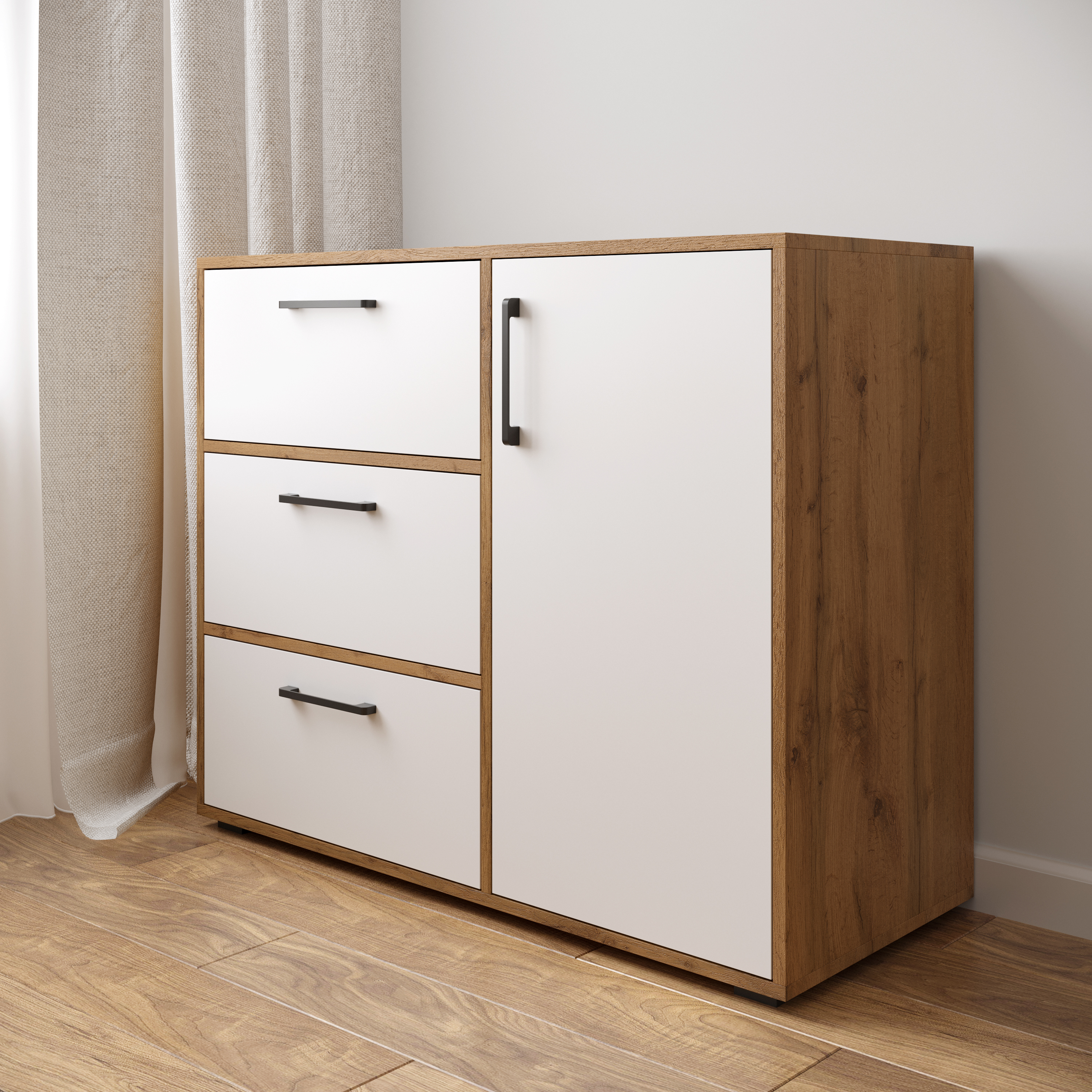 Комод DIWO Кострома 100х82х42 см белый, дуб вотан, ручка черная