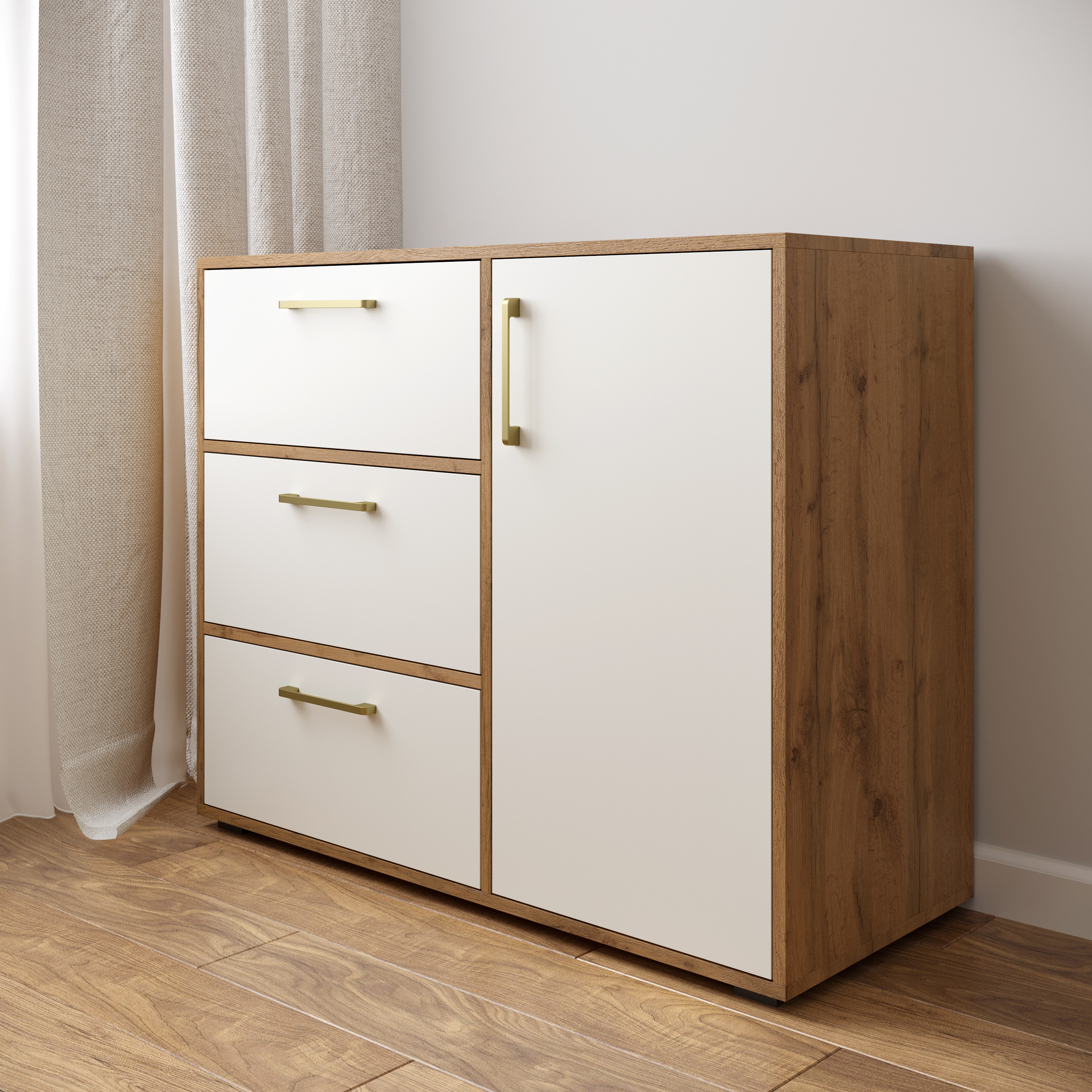 Комод DIWO Кострома 100х82х42 см белый, дуб вотан, ручка золото