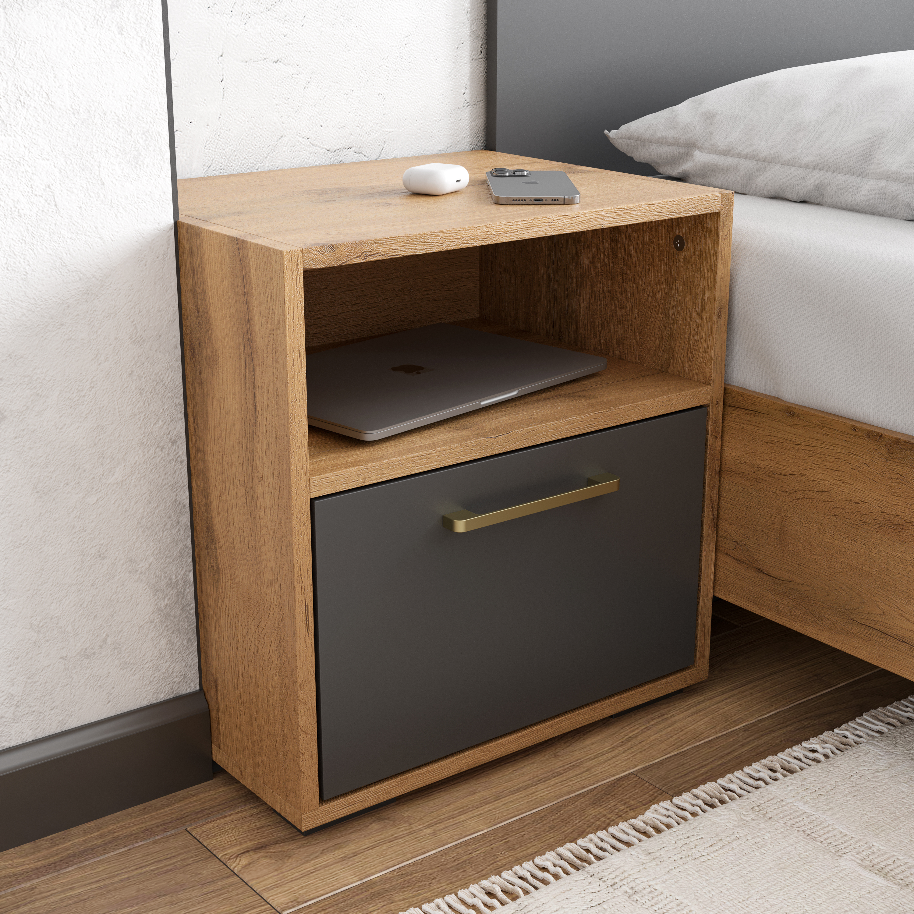 Прикроватная тумба DIWO Кострома 45x48х35 см дуб вотан, антрацит, ручка золото