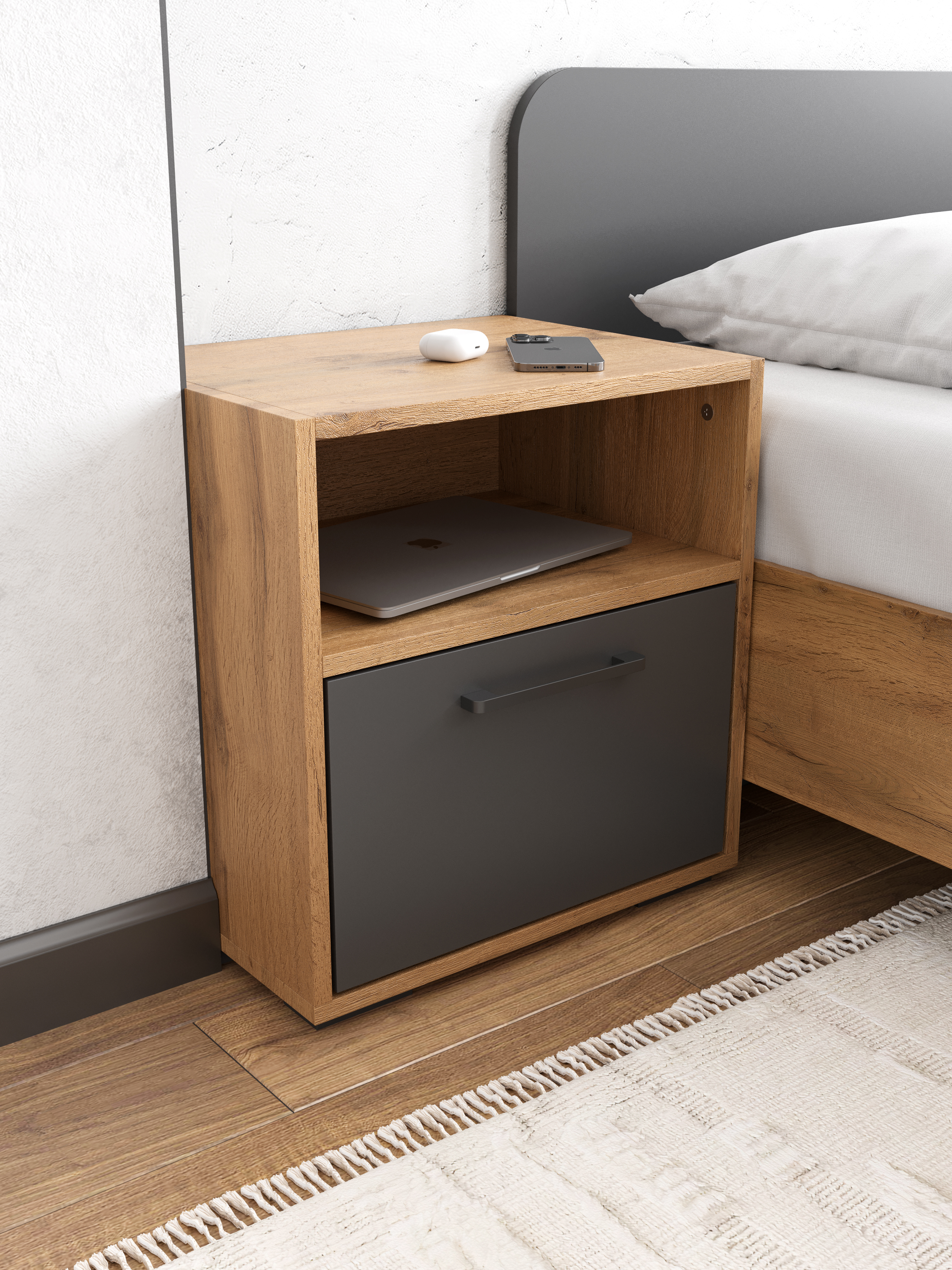 Прикроватная тумба DIWO Кострома 45x48х35 см дуб вотан, антрацит, ручка черная