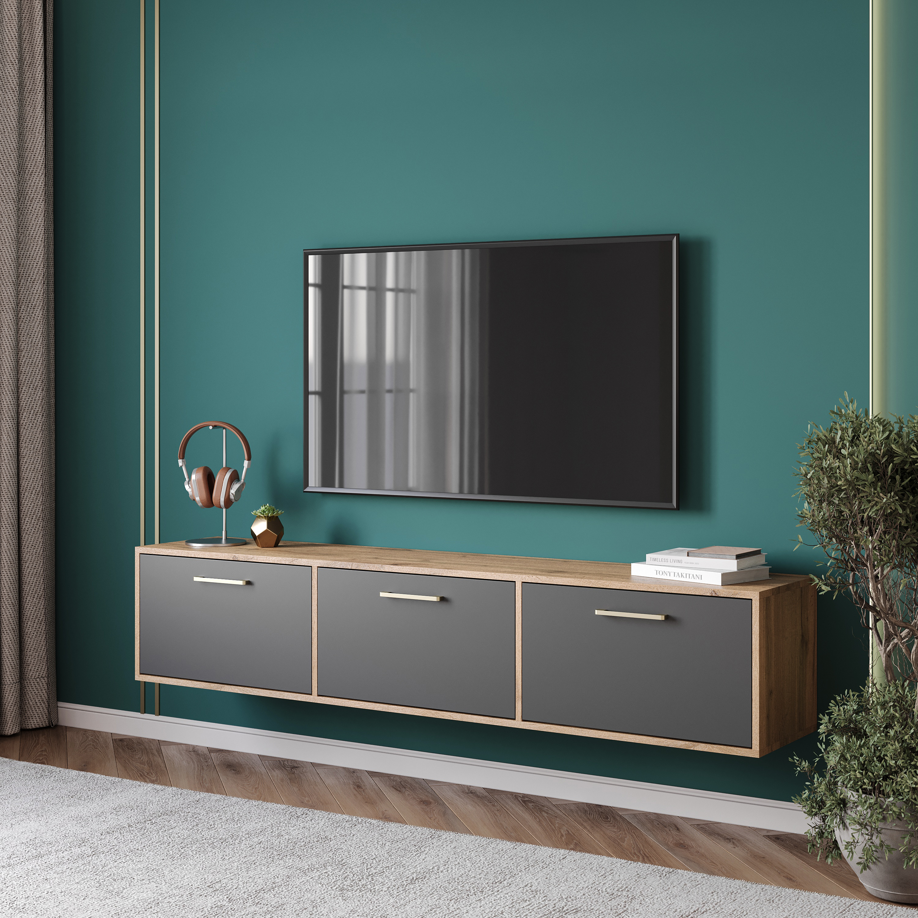 Тумба под телевизор DIWO Кострома 180х36х35 см дуб вотан, антрацит, ручка золото