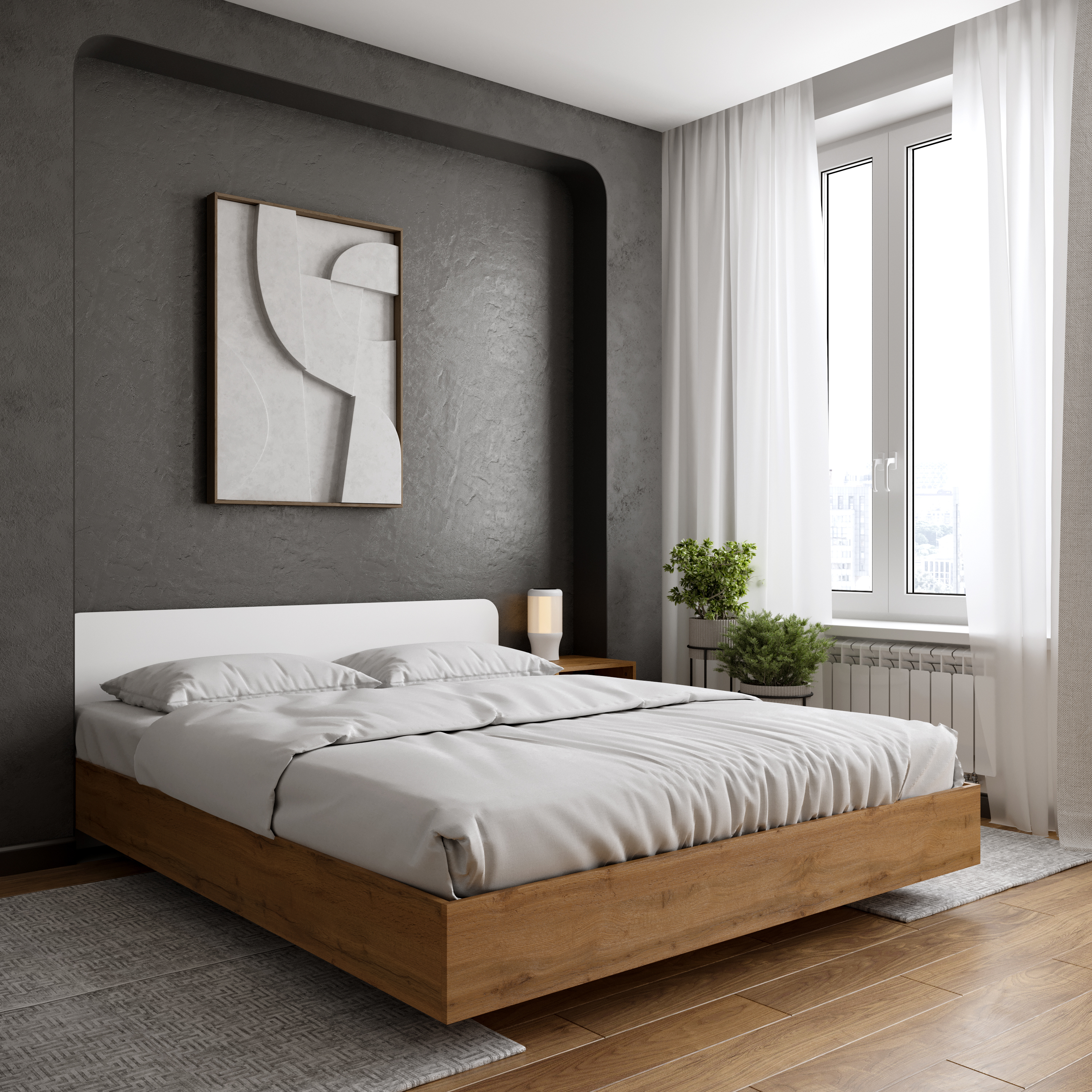 Кровать DIWO Кострома 160x200 см, двуспальная, парящая, дуб вотан, белая