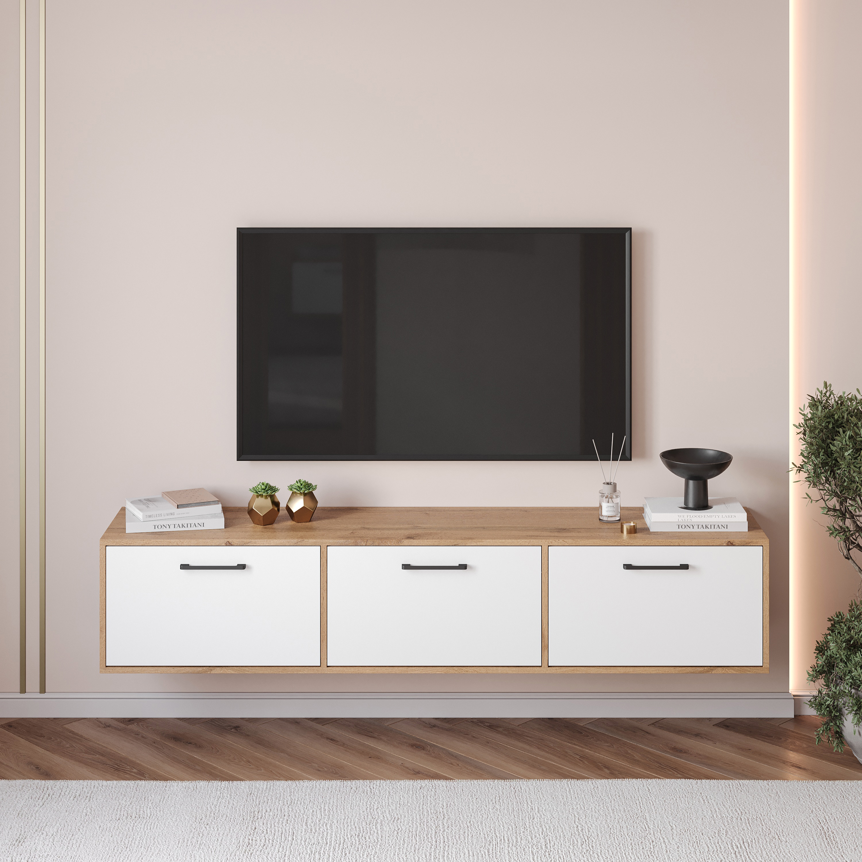 Тумба под телевизор DIWO Кострома 180х36х35 см дуб вотан, белая, ручка черная