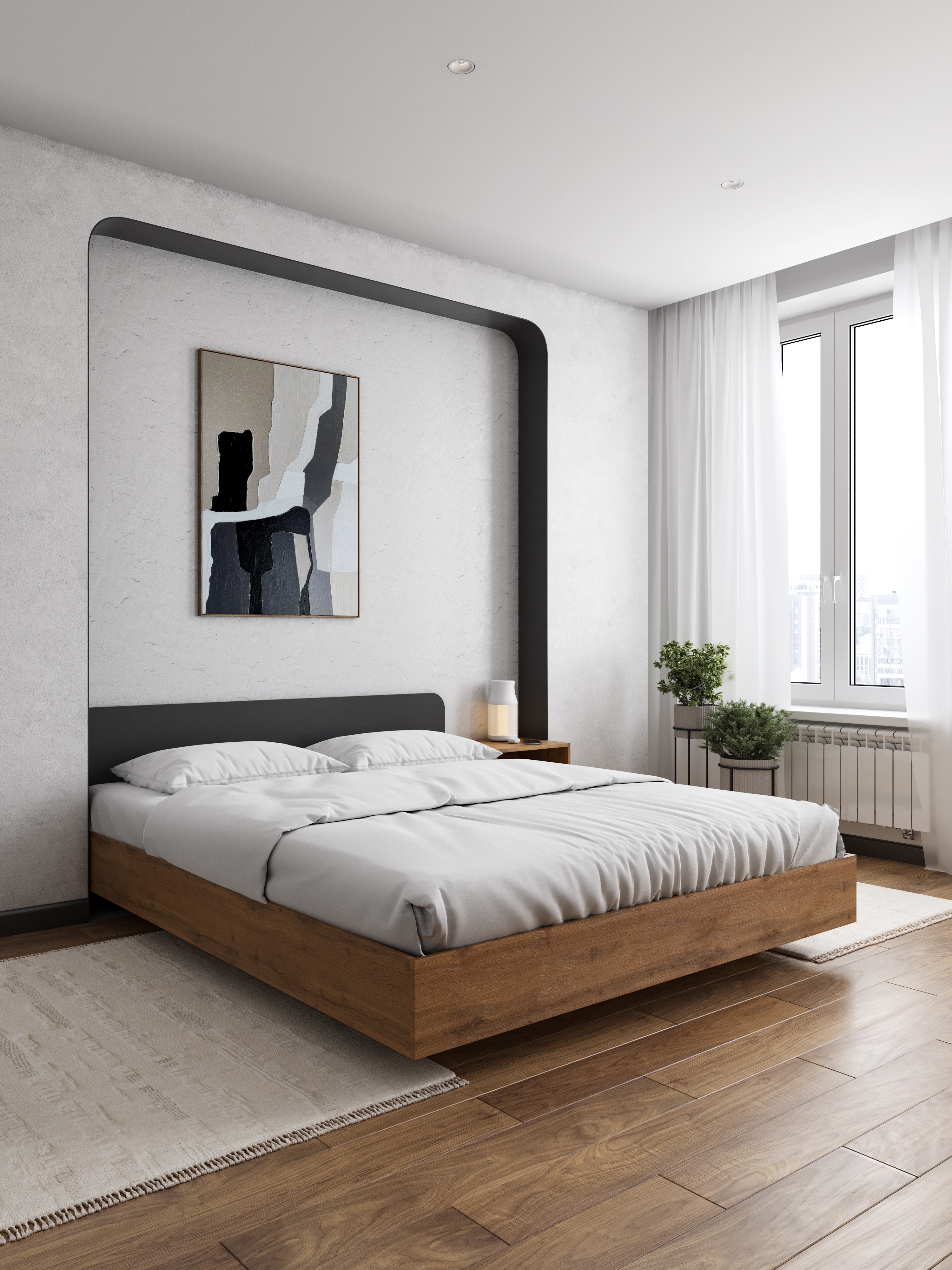 Кровать DIWO Кострома 160x200 см, двуспальная, парящая, дуб вотан, антрацит