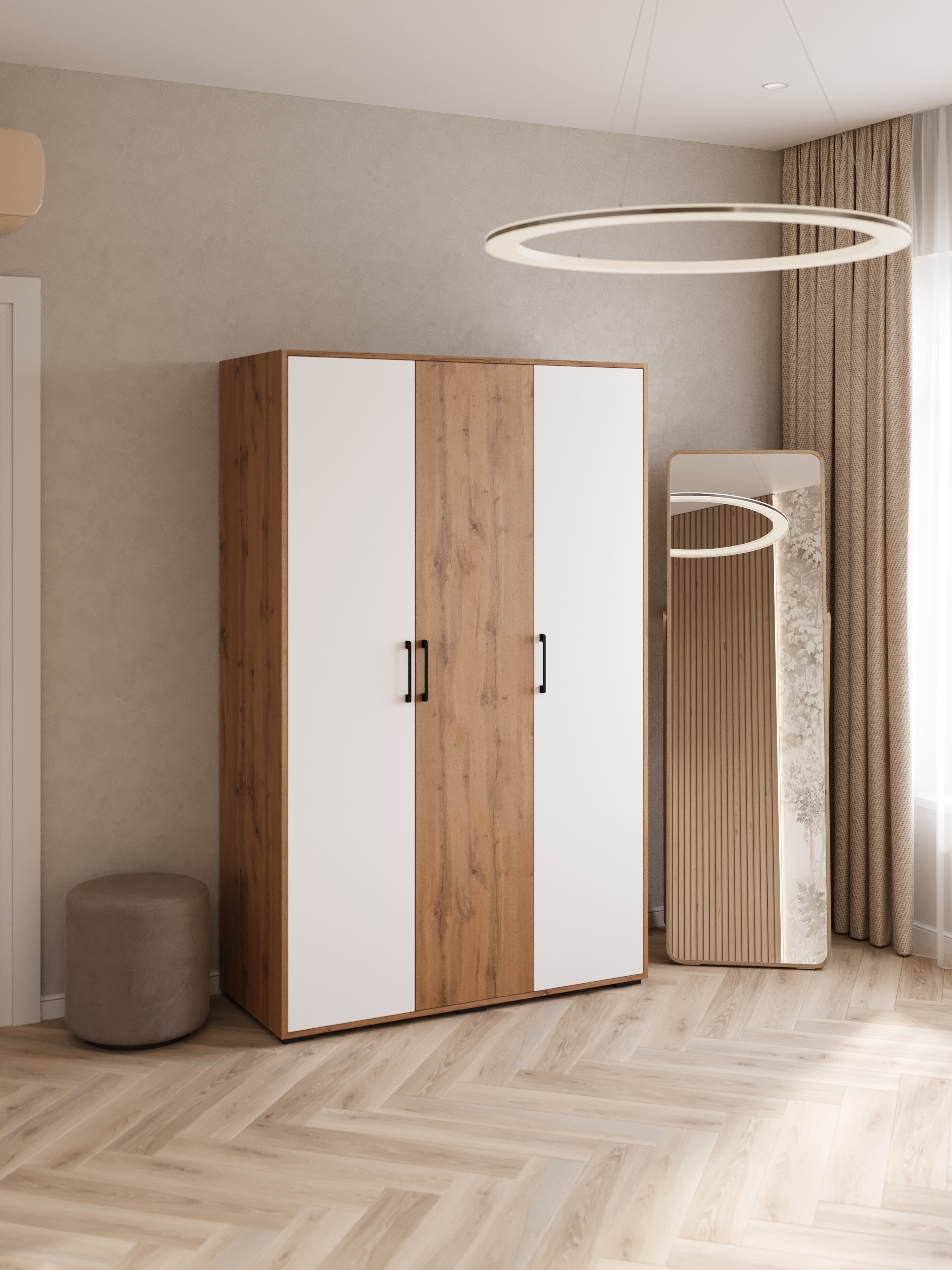 Шкаф для одежды DIWO Кострома 120x191х52 см, трехдверный, белый, дуб вотан, ручка черная