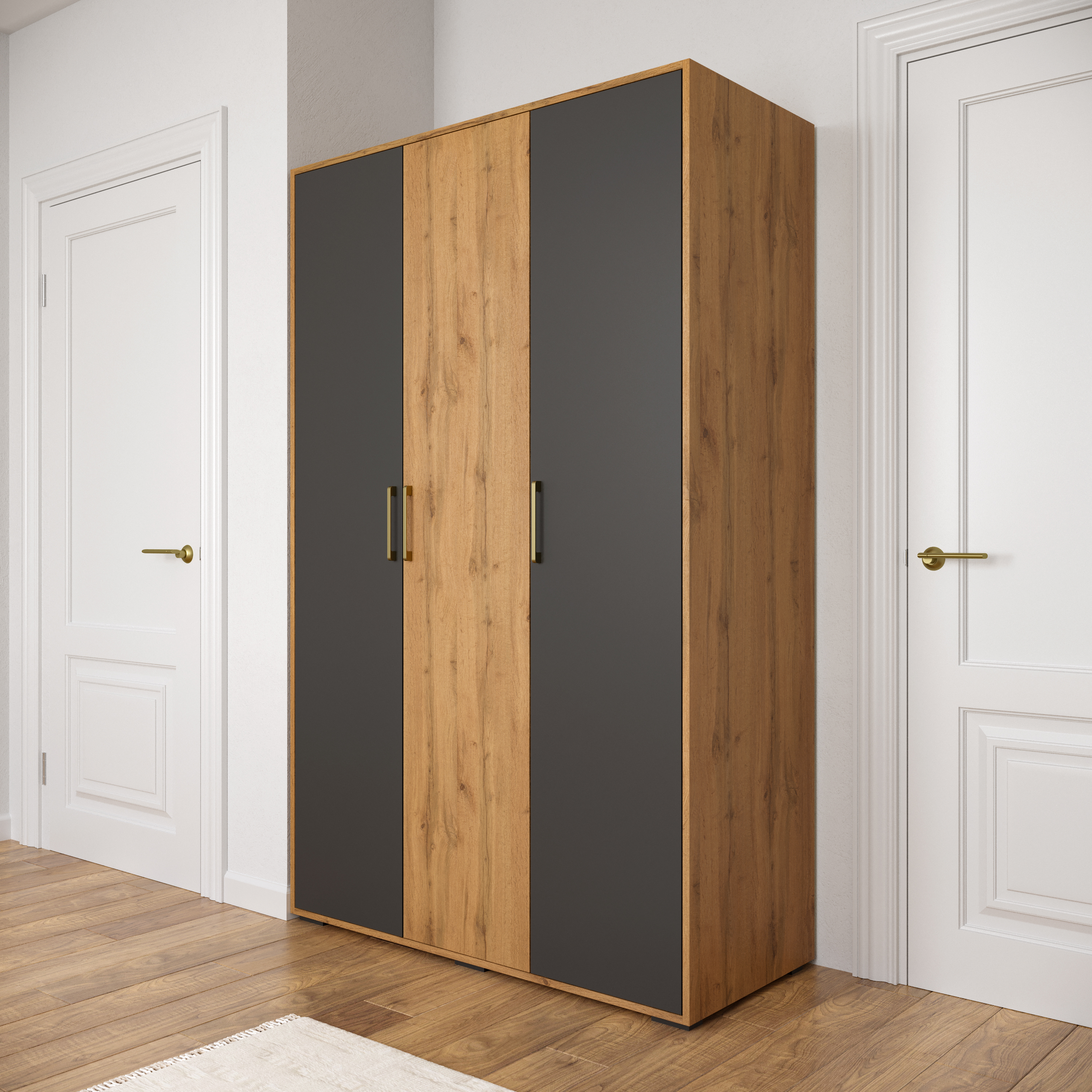 Шкаф для одежды DIWO Кострома 120x191х52 см, трехдверный, антрацит, дуб вотан, ручка золото