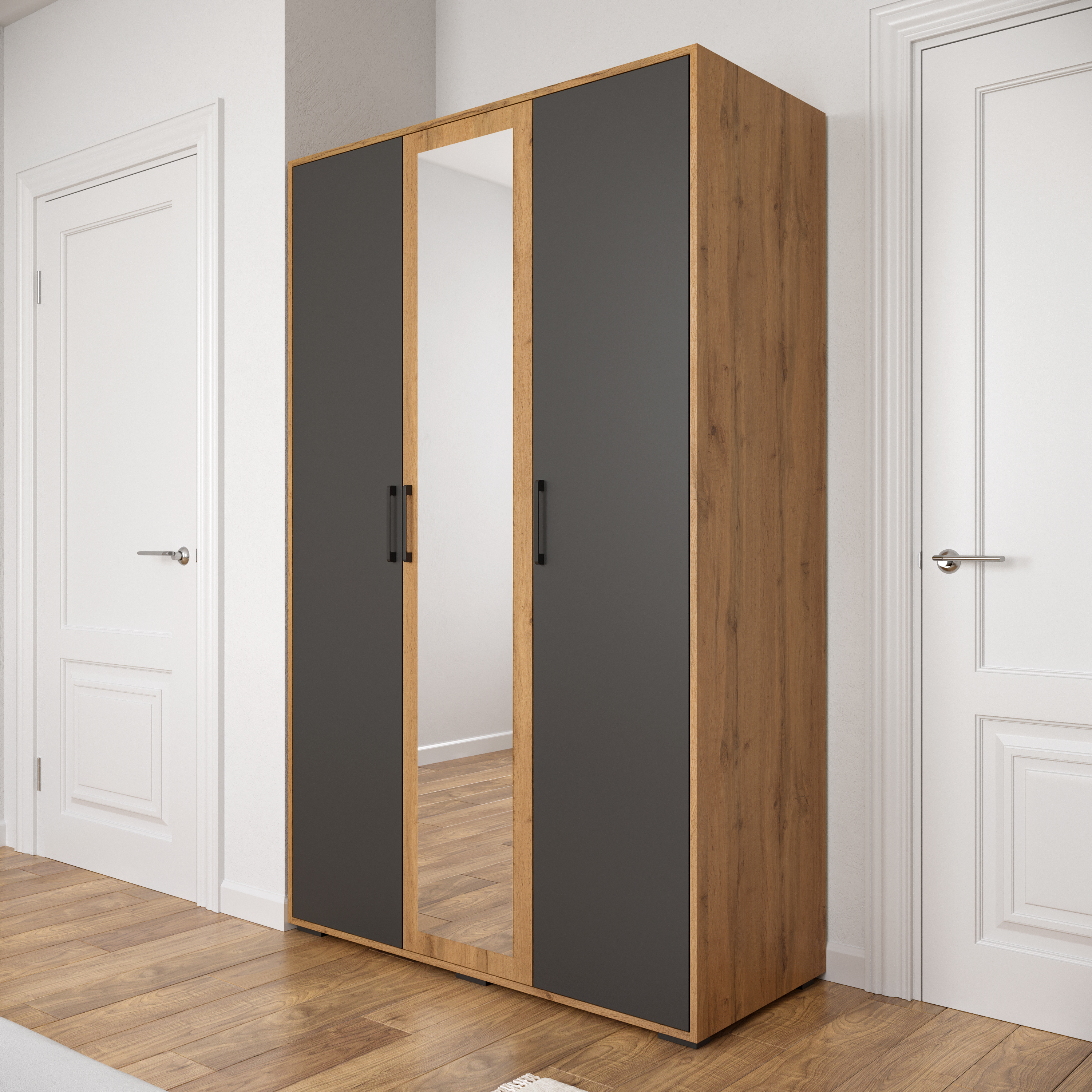 Шкаф для одежды DIWO Кострома 120x191х52 см, трехдверный с зеркалом, антрацит, дуб вотан, ручка черная