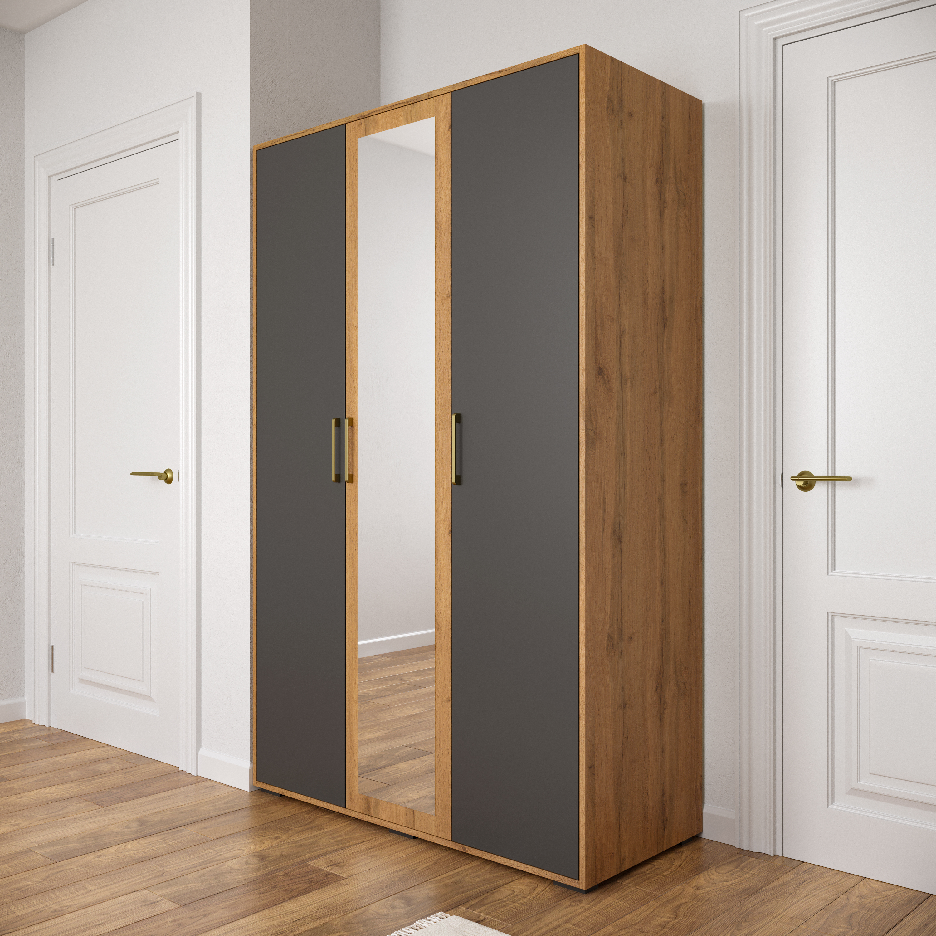Шкаф для одежды DIWO Кострома 120x191х52 см, трехдверный с зеркалом, антрацит, дуб вотан, ручка золото