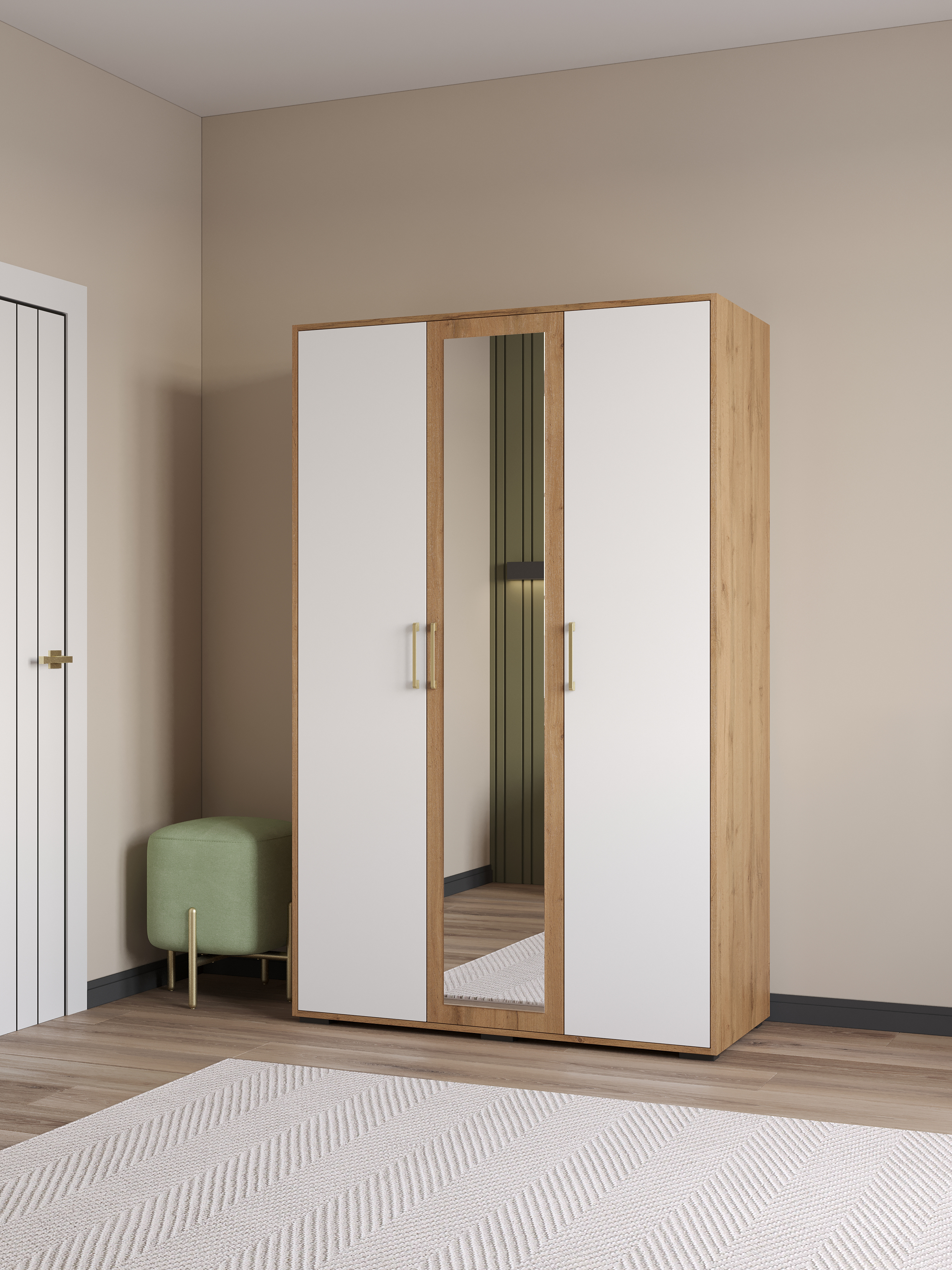 Шкаф для одежды DIWO Кострома 120x191х52 см, трехдверный с зеркалом, белый, дуб вотан, ручка золото