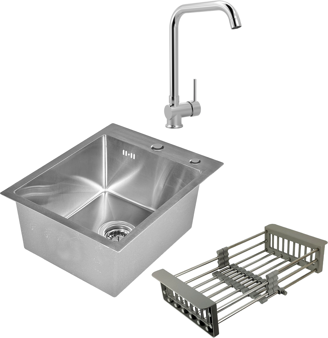 Комплект Мойка Wisent 4050, с коландером, сатин + Смеситель MEGA Didim MG-CM107, хром